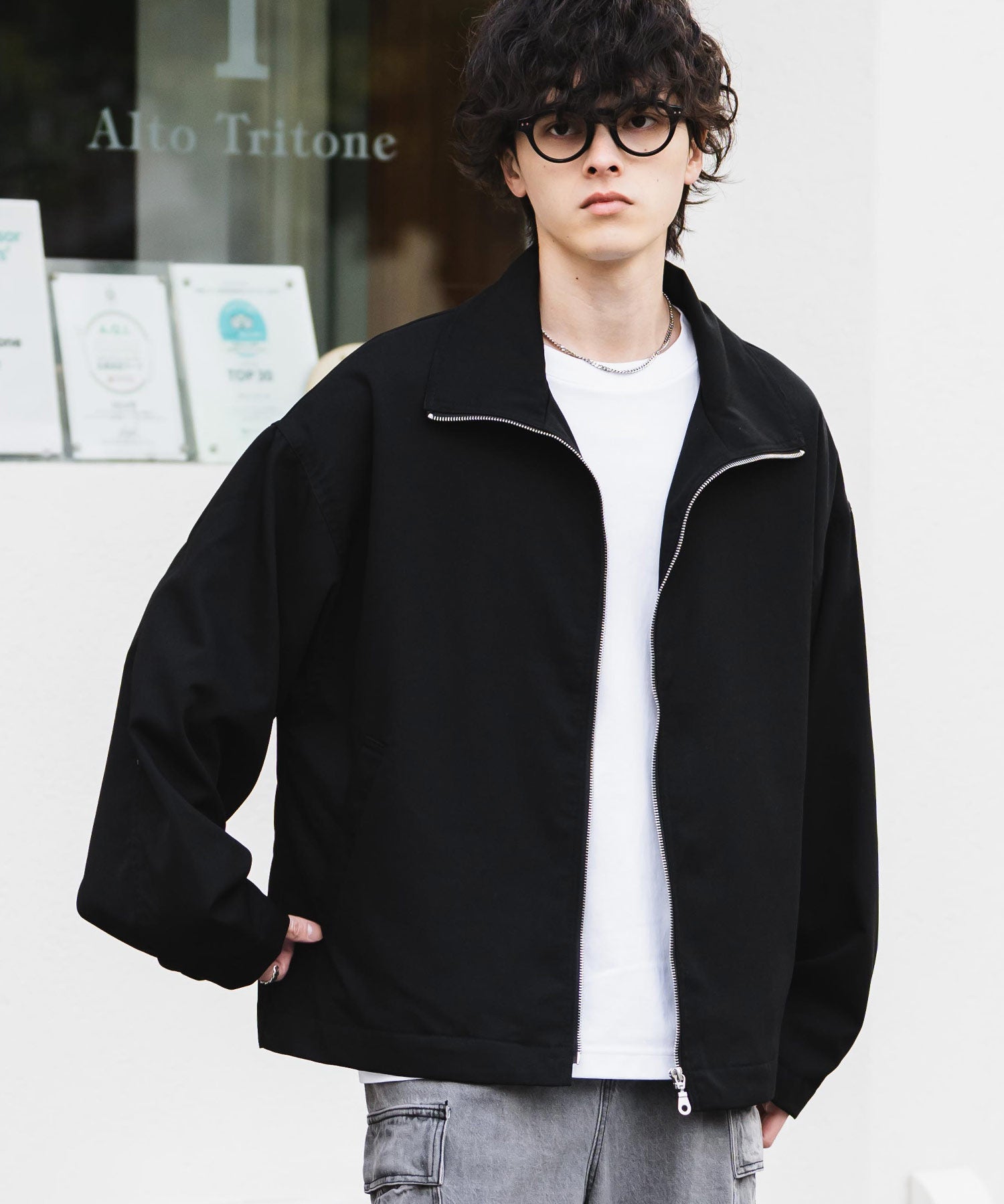 オーバーサイズTRストレッチスタンドカラージャケット ジップアップショートブルゾン 14120