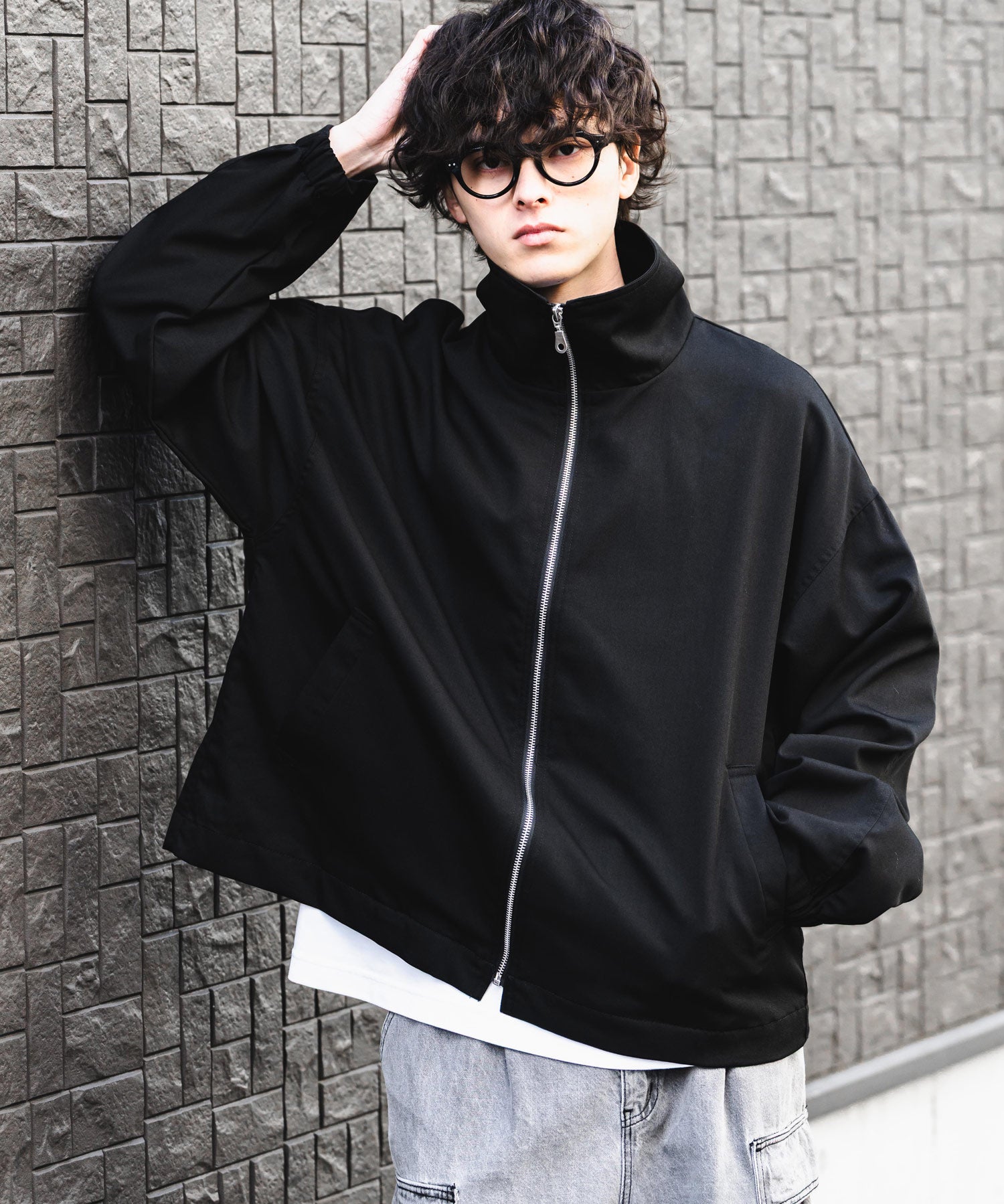 オーバーサイズTRストレッチスタンドカラージャケット ジップアップショートブルゾン 14120