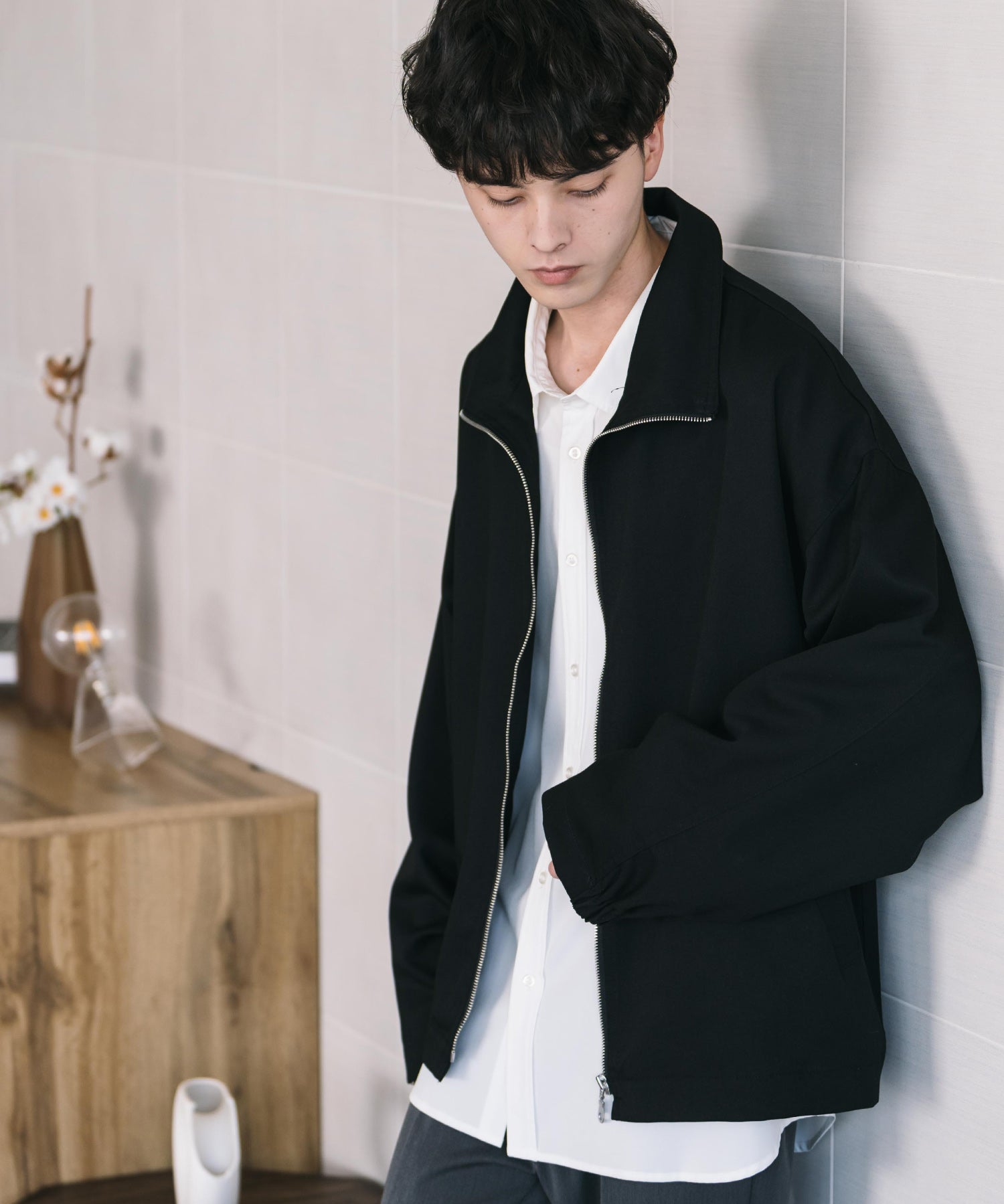 オーバーサイズTRストレッチスタンドカラージャケット ジップアップショートブルゾン 14120