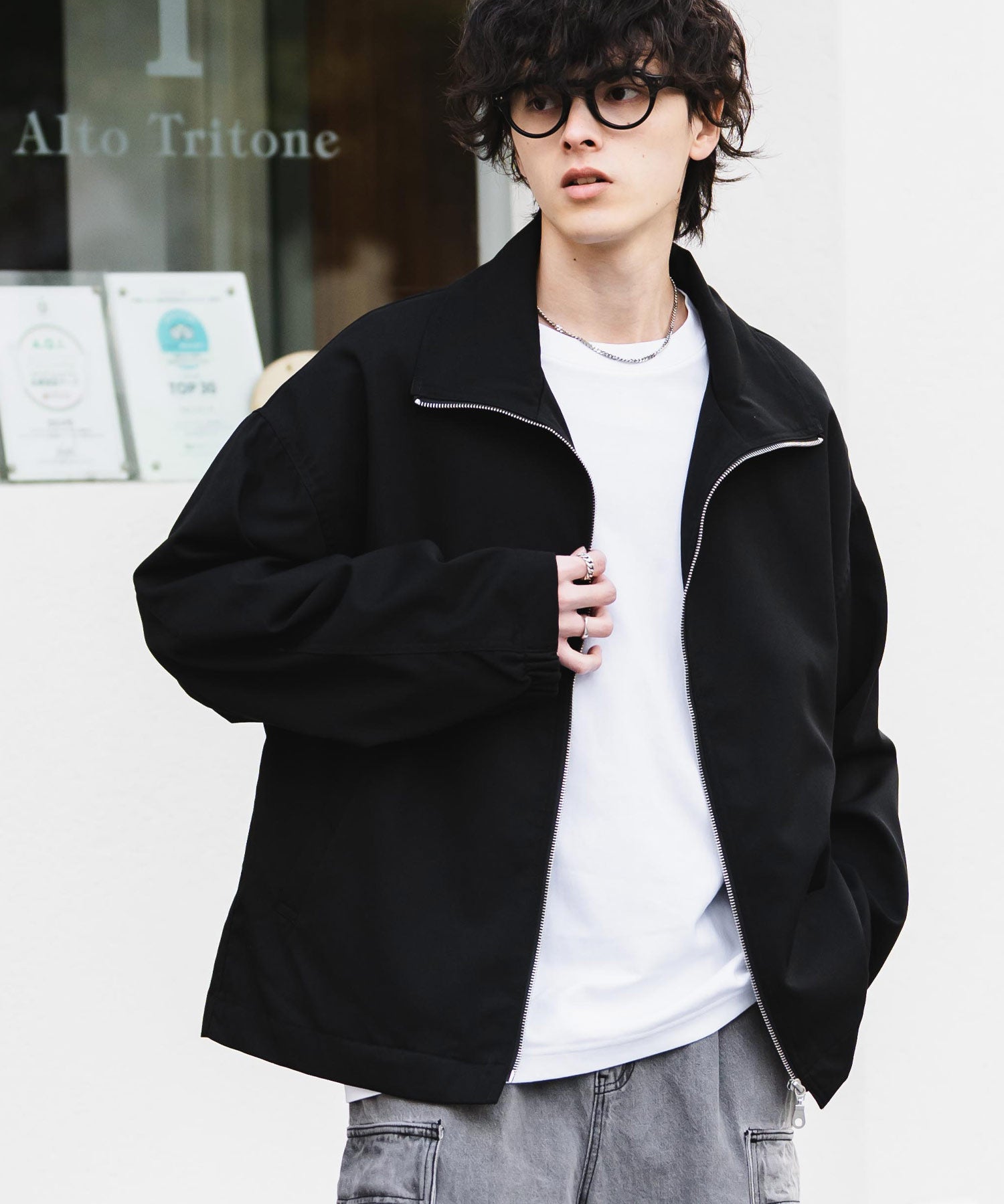 オーバーサイズTRストレッチスタンドカラージャケット ジップアップショートブルゾン 14120