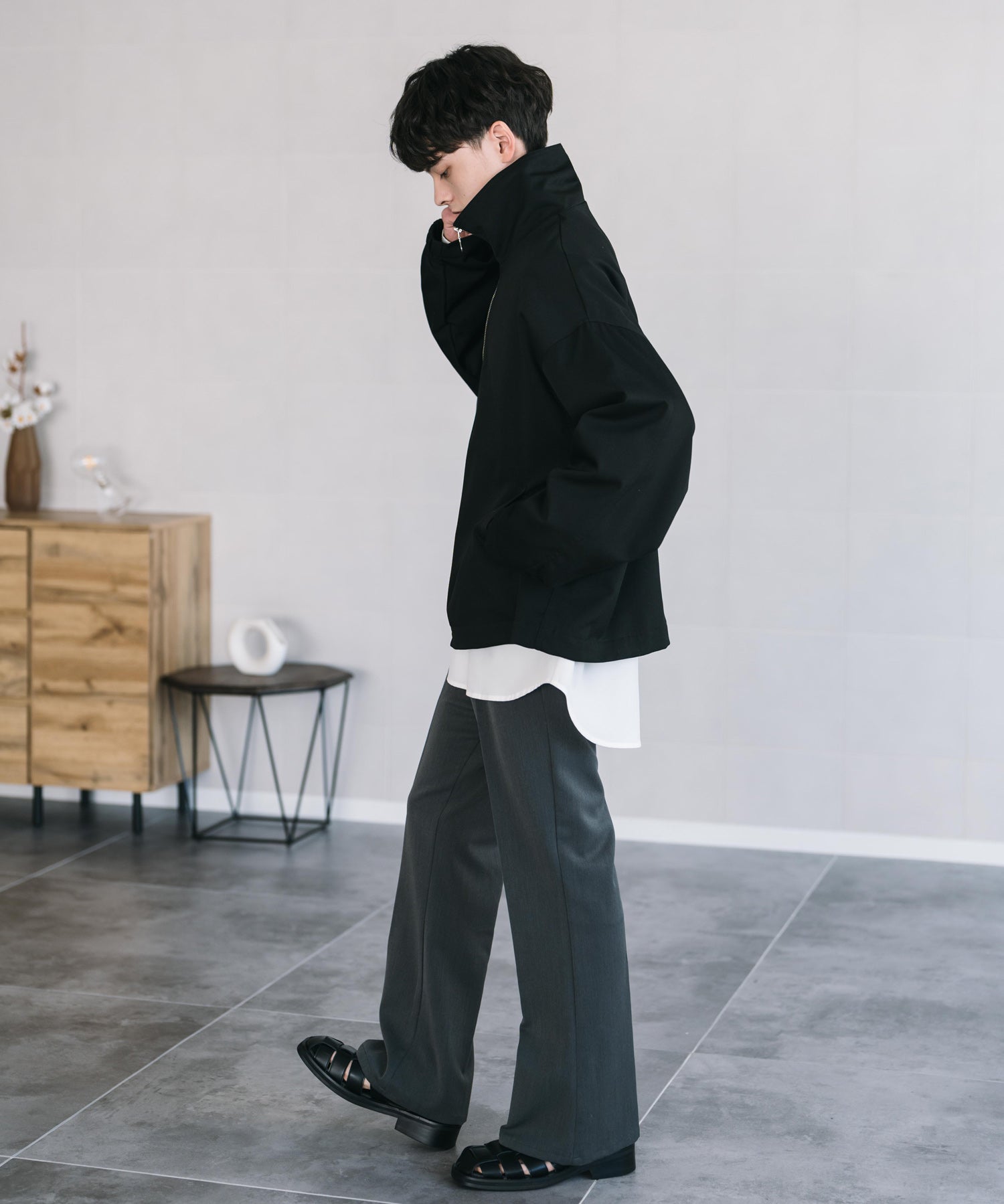 オーバーサイズTRストレッチスタンドカラージャケット ジップアップショートブルゾン 14120