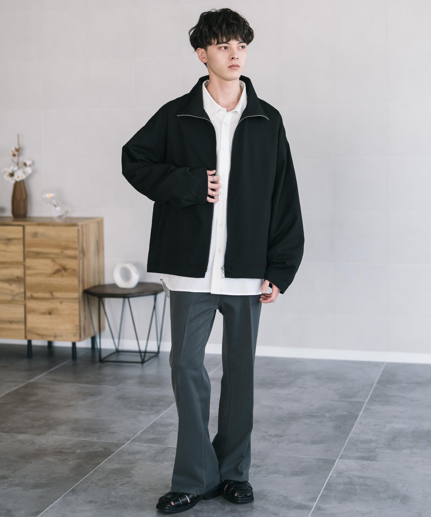 オーバーサイズTRストレッチスタンドカラージャケット ジップアップショートブルゾン 14120