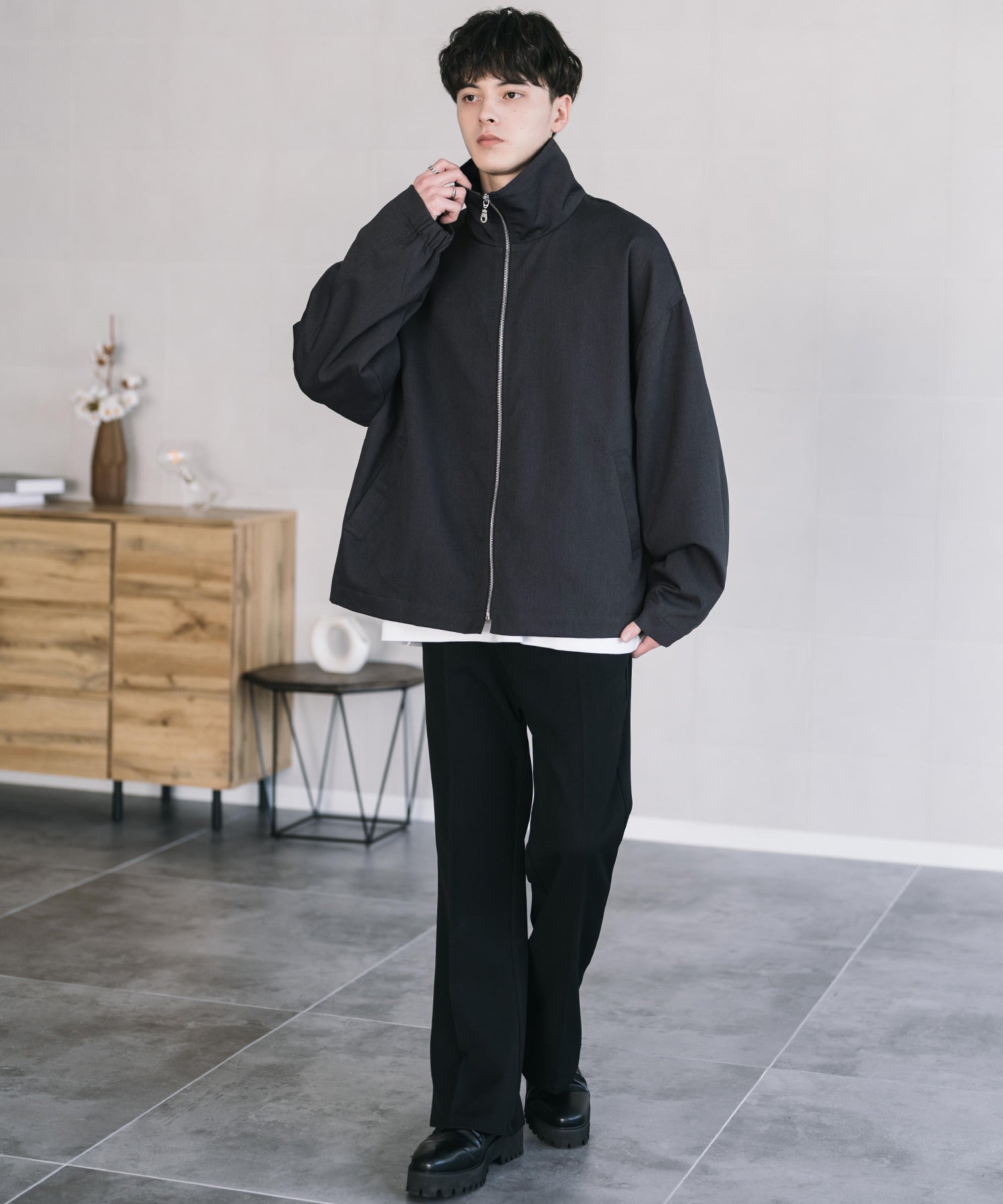 オーバーサイズTRストレッチスタンドカラージャケット ジップアップショートブルゾン 14120