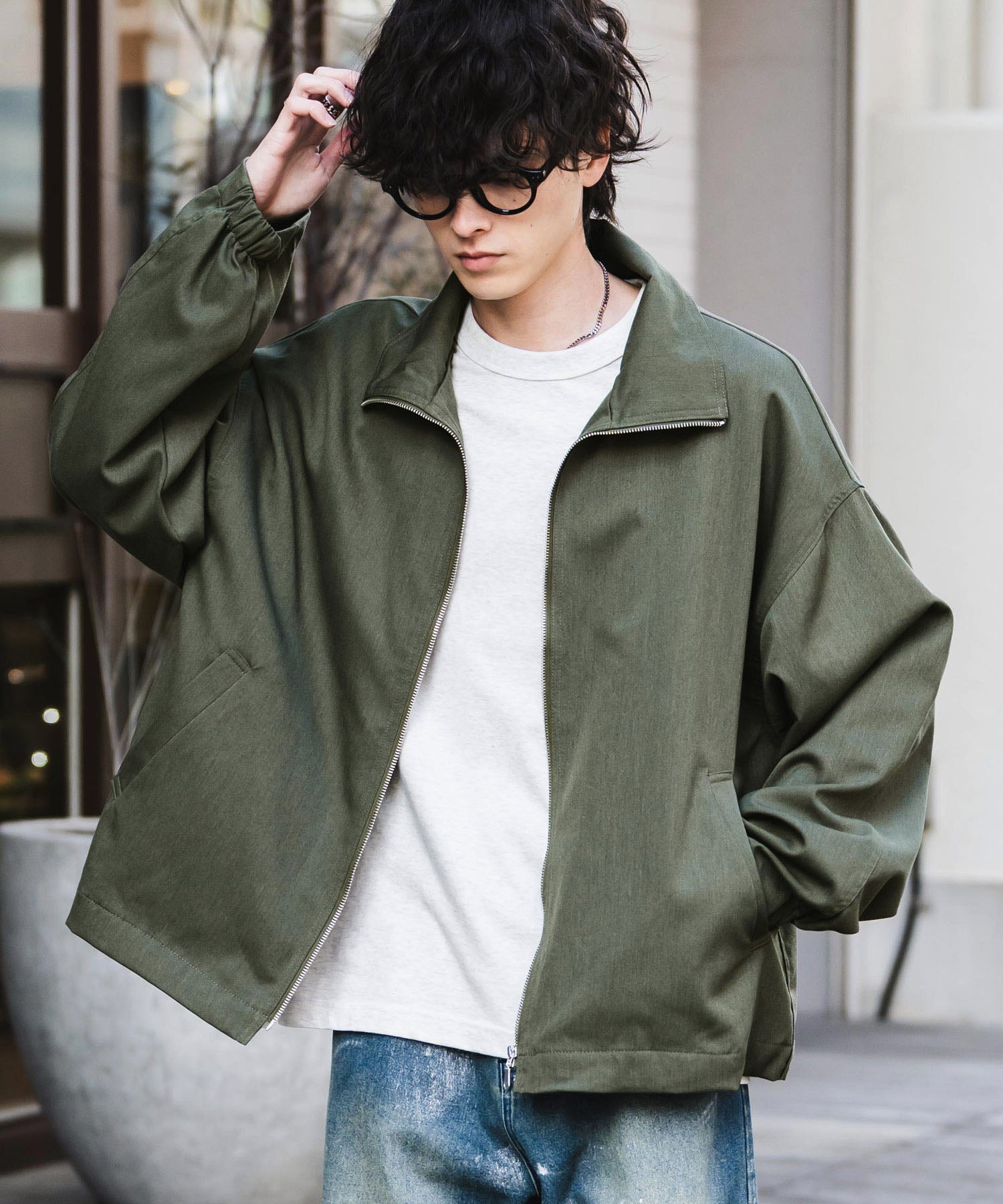 オーバーサイズTRストレッチスタンドカラージャケット ジップアップショートブルゾン 14120