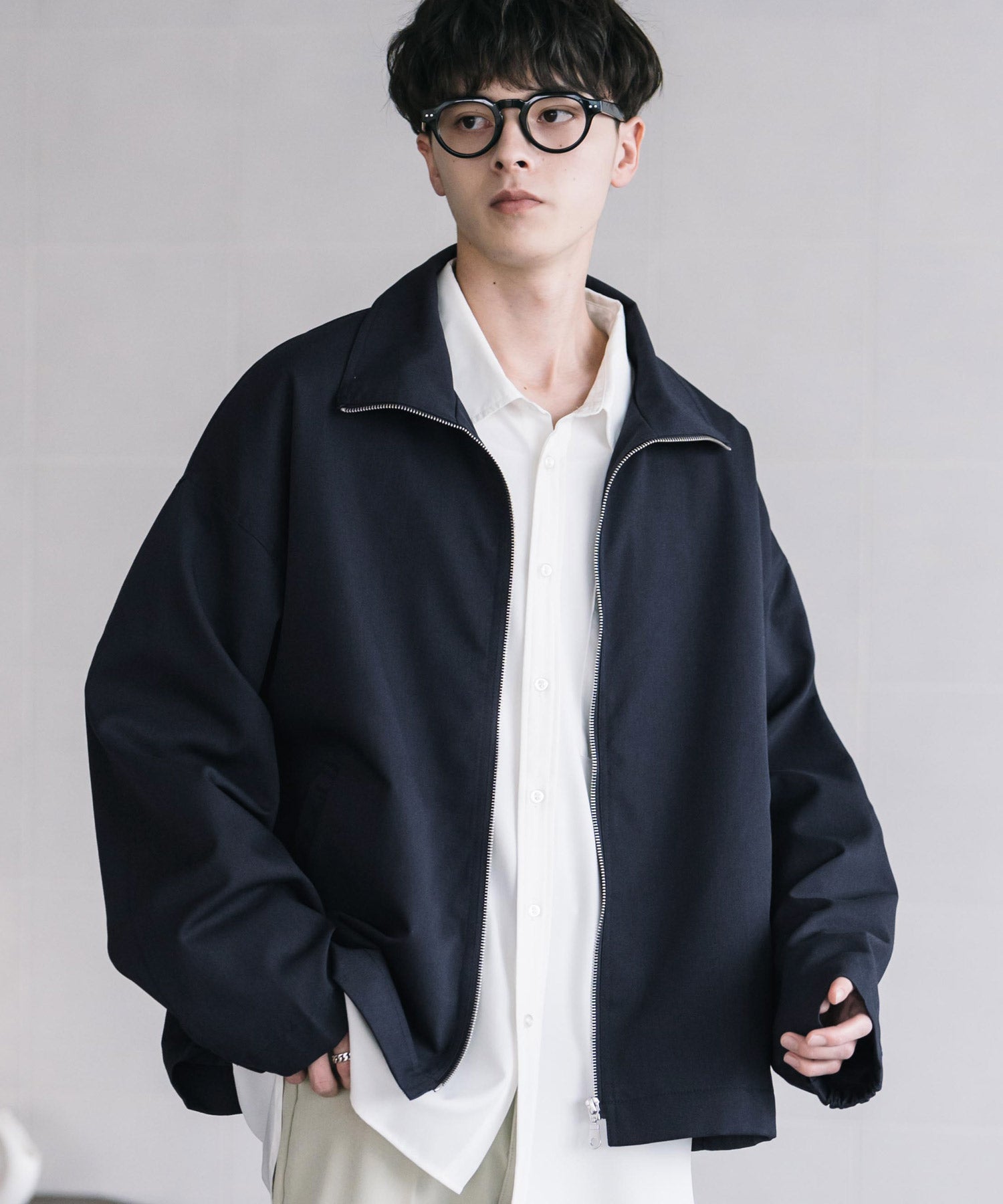 オーバーサイズTRストレッチスタンドカラージャケット ジップアップショートブルゾン 14120