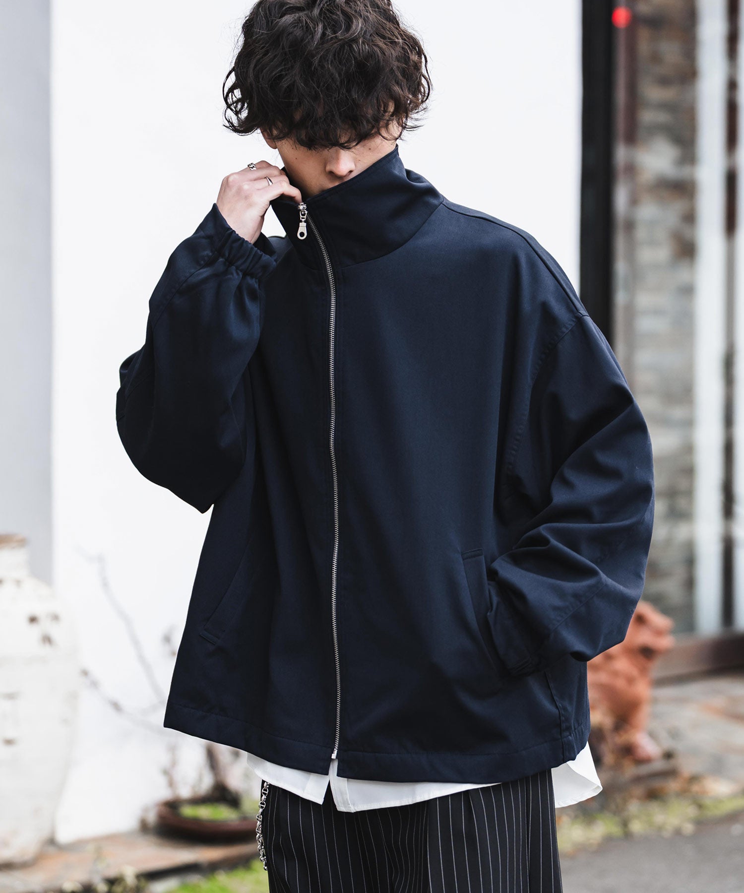 オーバーサイズTRストレッチスタンドカラージャケット ジップアップショートブルゾン 14120