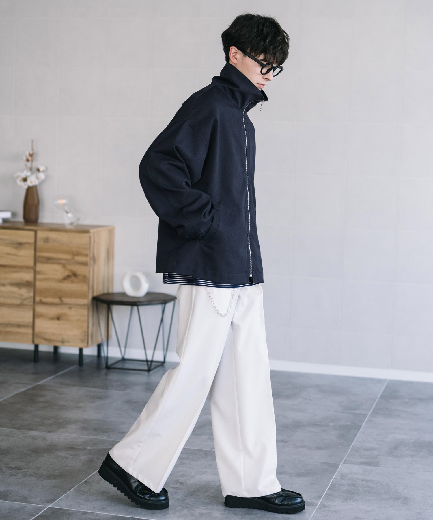 オーバーサイズTRストレッチスタンドカラージャケット ジップアップショートブルゾン 14120