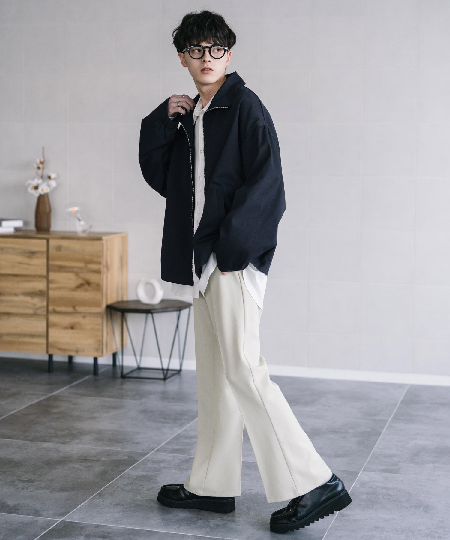 オーバーサイズTRストレッチスタンドカラージャケット ジップアップショートブルゾン 14120