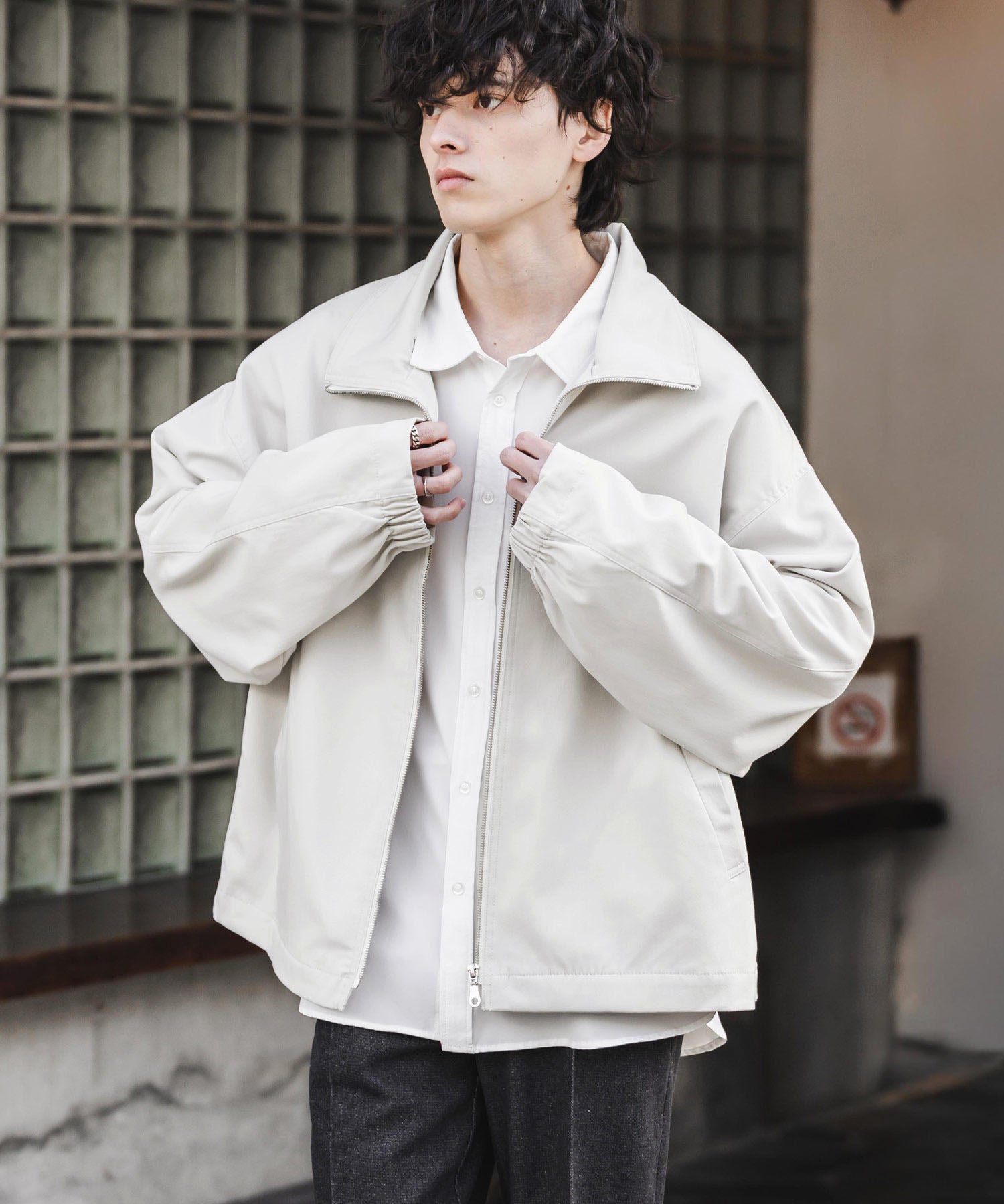 オーバーサイズTRストレッチスタンドカラージャケット ジップアップショートブルゾン 14120