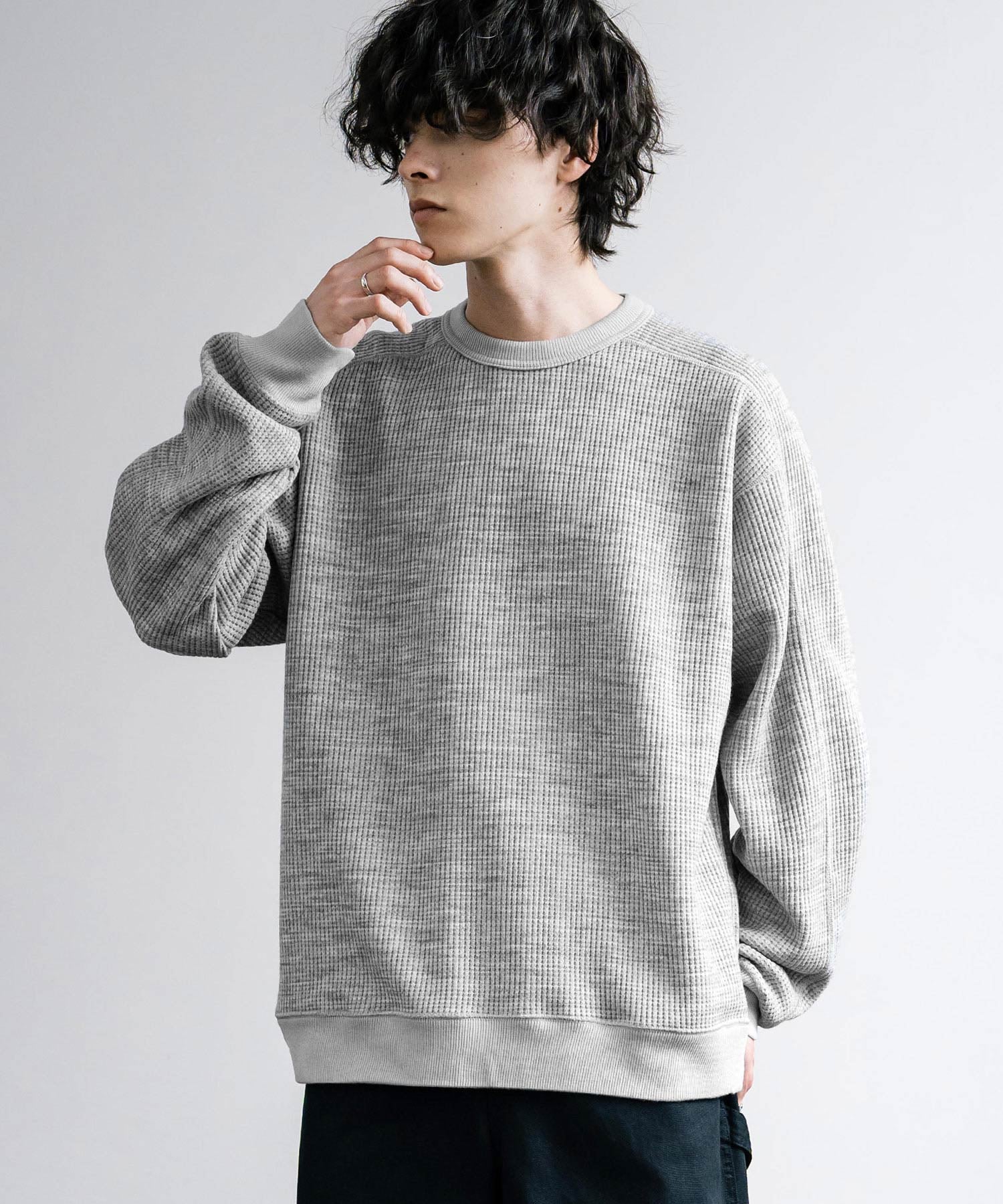 新色追加 Upscape Audience アップスケープオーディエンス 日本製 国産 ウールビックワッフルクルーネックニットソー AUD6570 14125