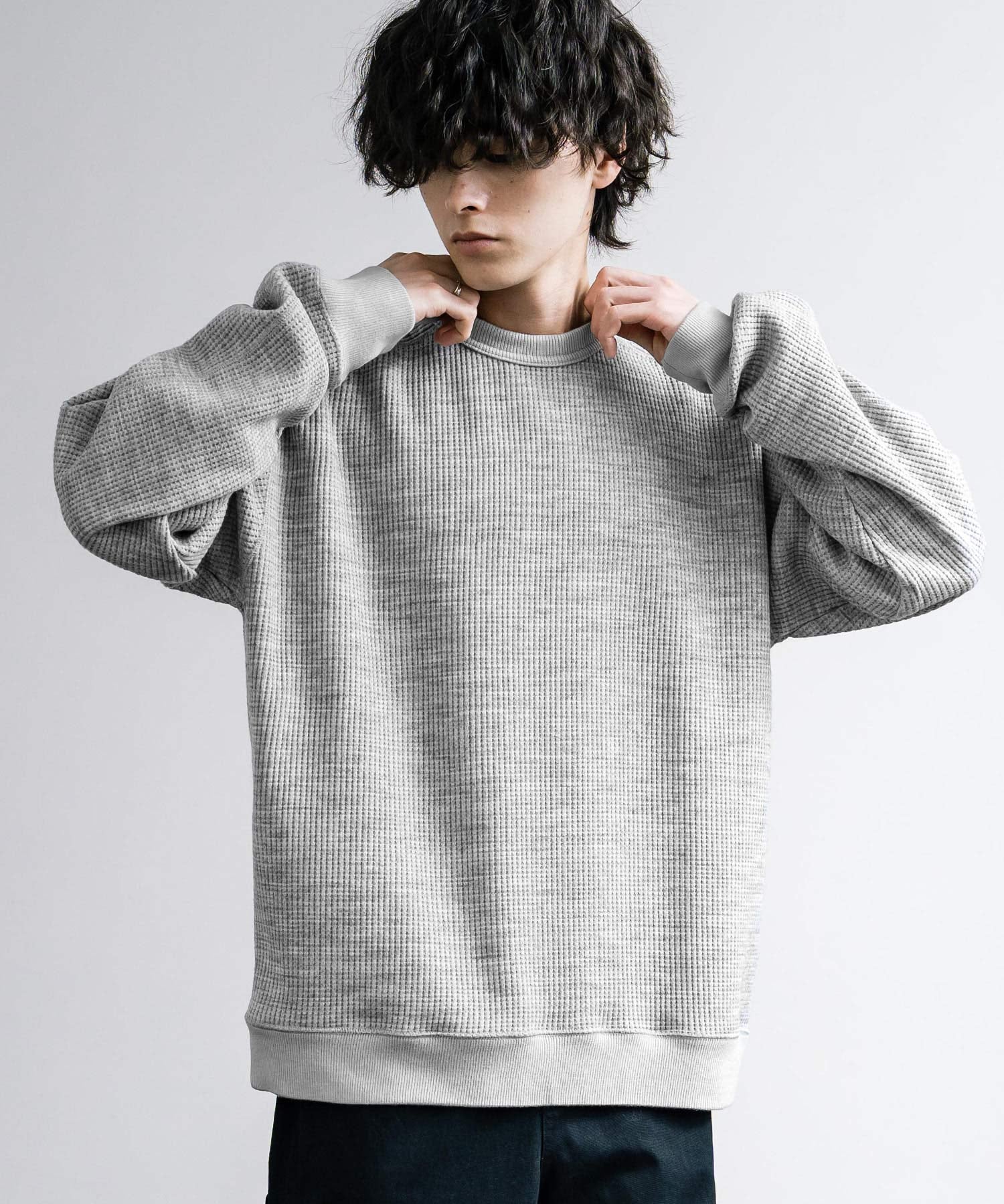 新色追加 Upscape Audience アップスケープオーディエンス 日本製 国産 ウールビックワッフルクルーネックニットソー AUD6570 14125