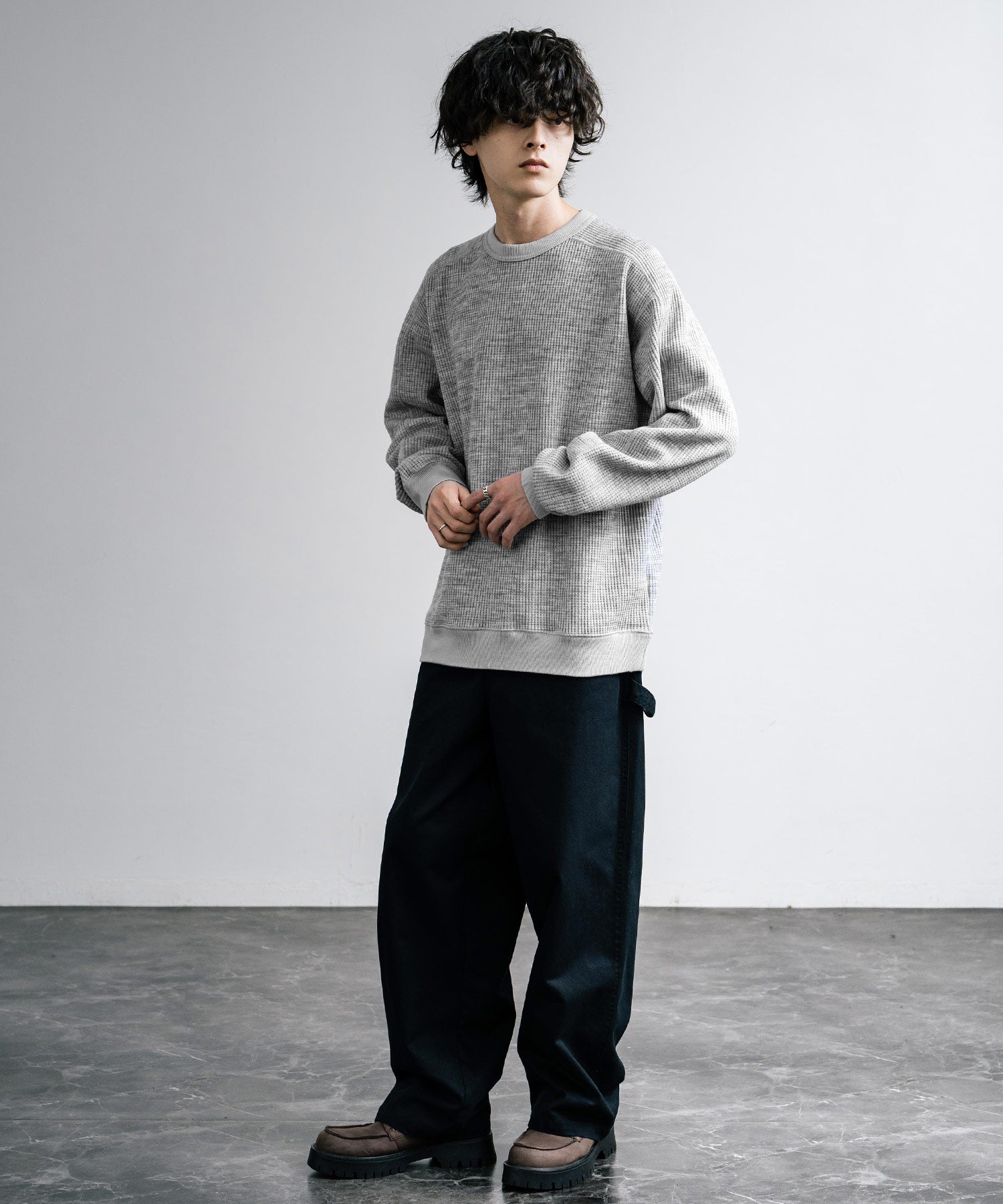 新色追加 Upscape Audience アップスケープオーディエンス 日本製 国産 ウールビックワッフルクルーネックニットソー AUD6570 14125