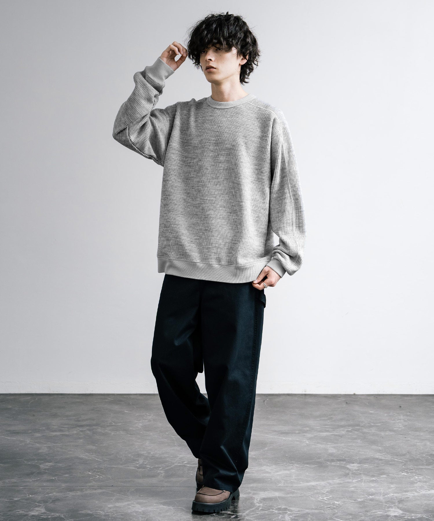 新色追加 Upscape Audience アップスケープオーディエンス 日本製 国産 ウールビックワッフルクルーネックニットソー AUD6570 14125