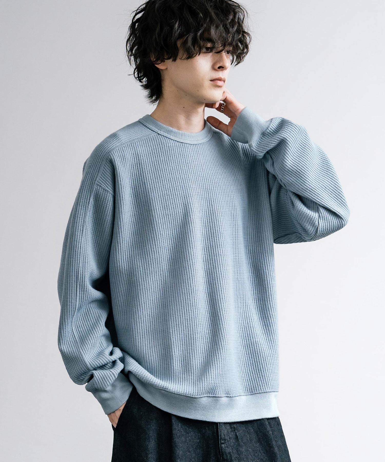 新色追加 Upscape Audience アップスケープオーディエンス 日本製 国産 ウールビックワッフルクルーネックニットソー AUD6570 14125