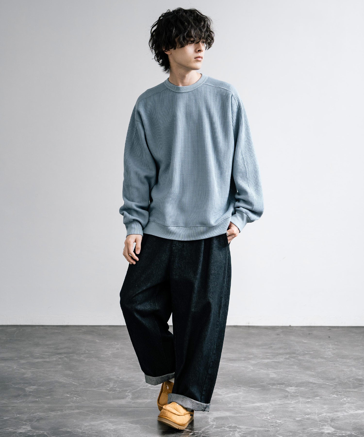 新色追加 Upscape Audience アップスケープオーディエンス 日本製 国産 ウールビックワッフルクルーネックニットソー AUD6570 14125