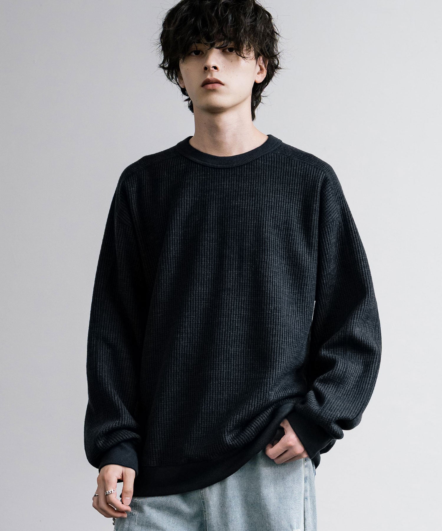 新色追加 Upscape Audience アップスケープオーディエンス 日本製 国産 ウールビックワッフルクルーネックニットソー AUD6570 14125