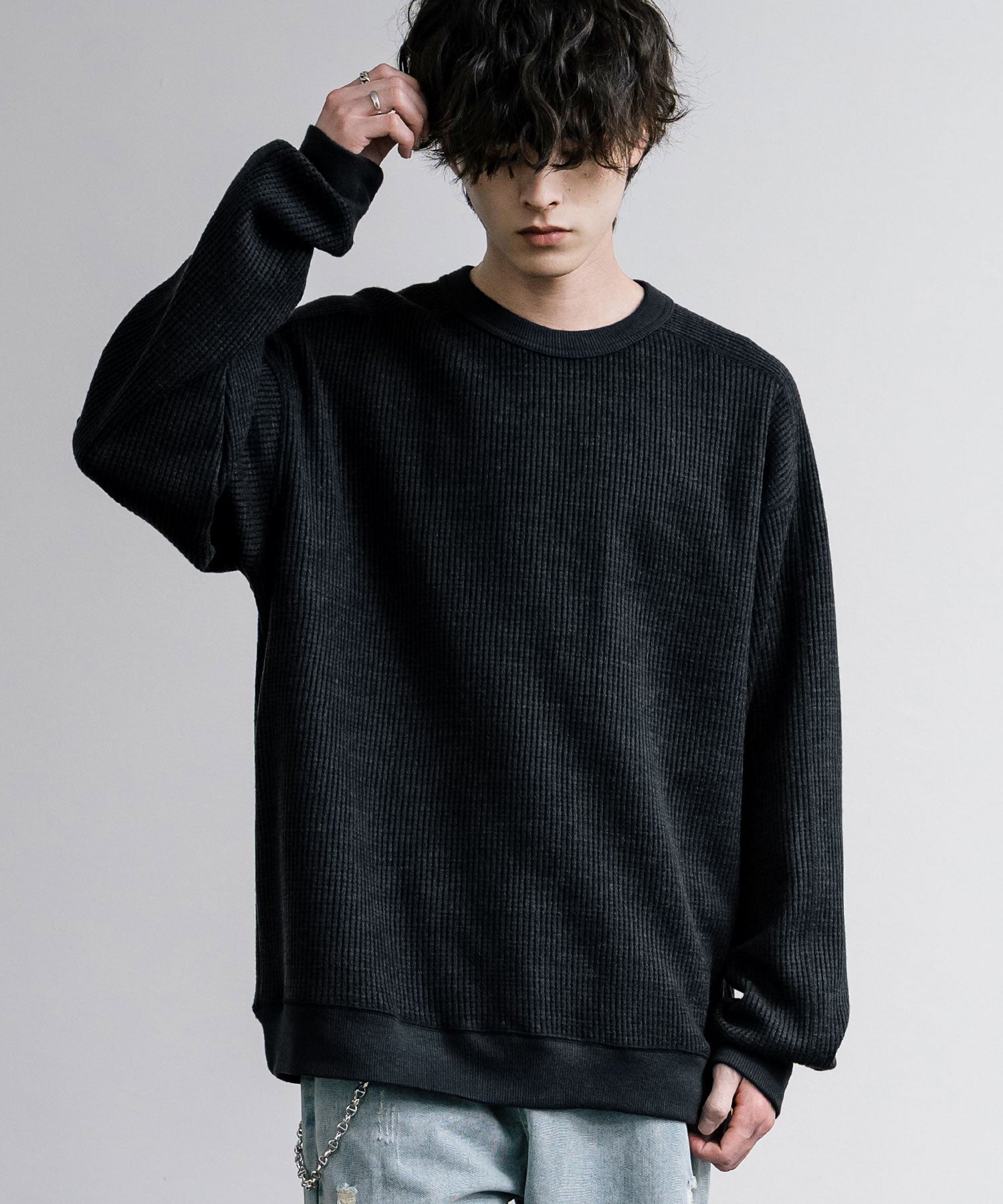 新色追加 Upscape Audience アップスケープオーディエンス 日本製 国産 ウールビックワッフルクルーネックニットソー AUD6570 14125