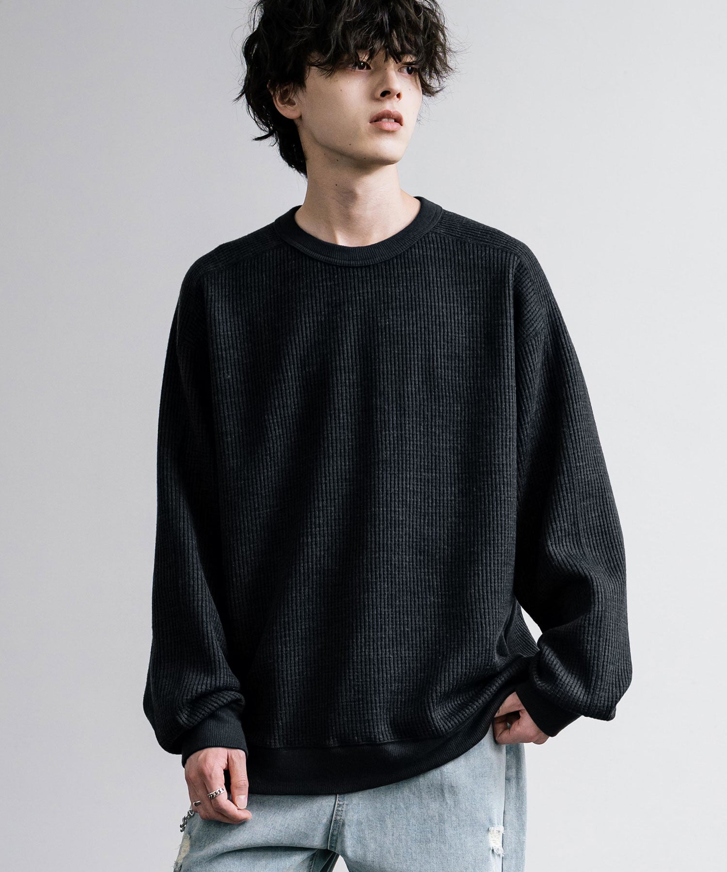 新色追加 Upscape Audience アップスケープオーディエンス 日本製 国産 ウールビックワッフルクルーネックニットソー AUD6570 14125
