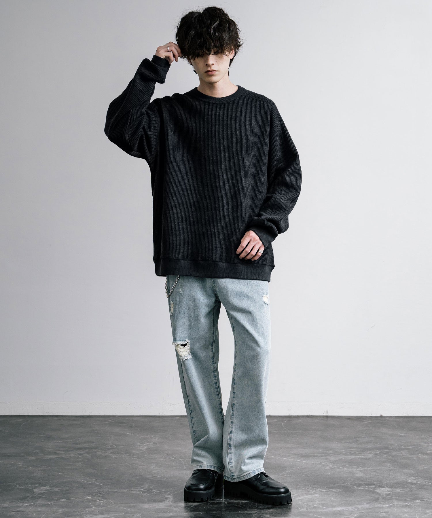 新色追加 Upscape Audience アップスケープオーディエンス 日本製 国産 ウールビックワッフルクルーネックニットソー AUD6570 14125