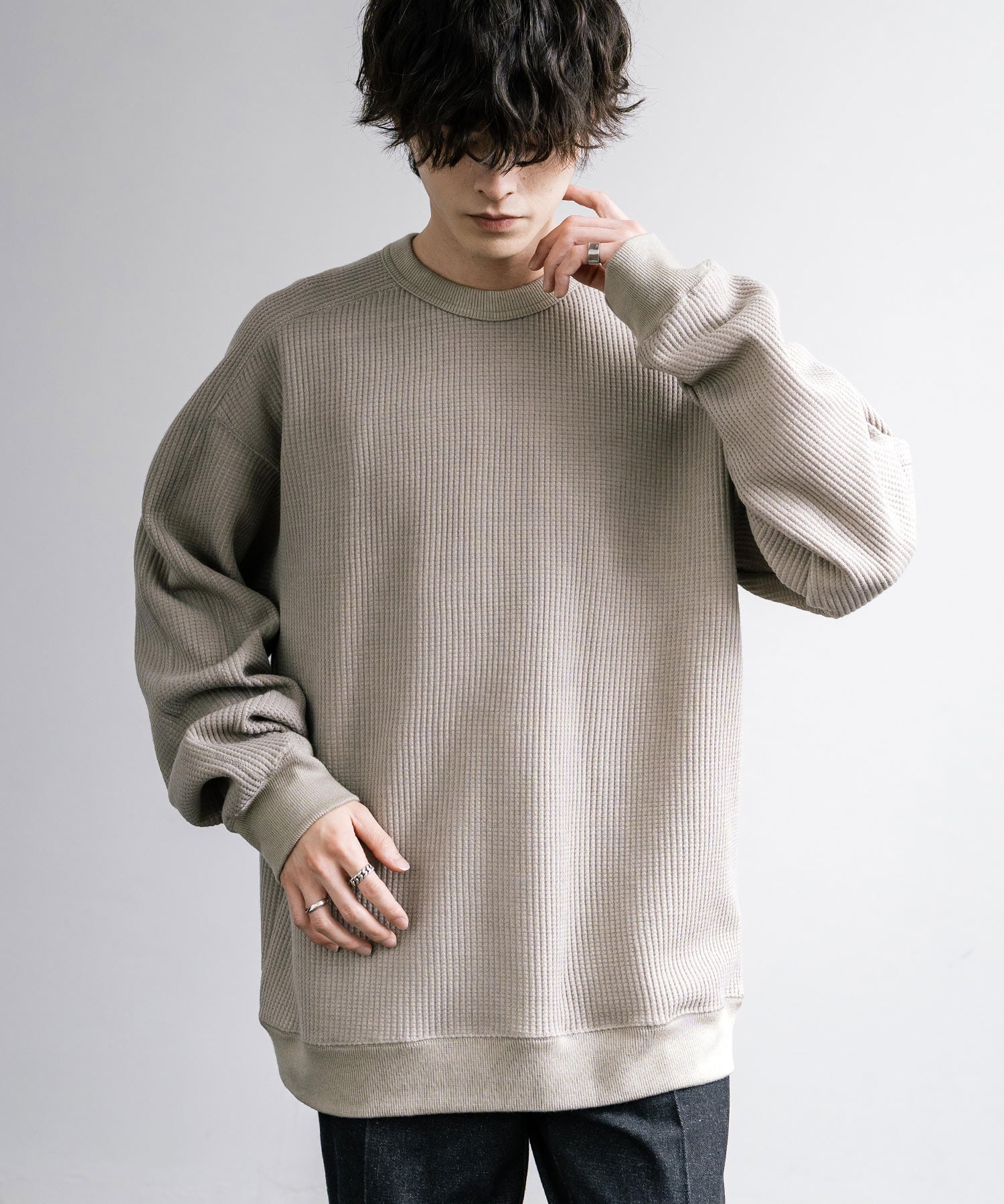 新色追加 Upscape Audience アップスケープオーディエンス 日本製 国産 ウールビックワッフルクルーネックニットソー AUD6570 14125