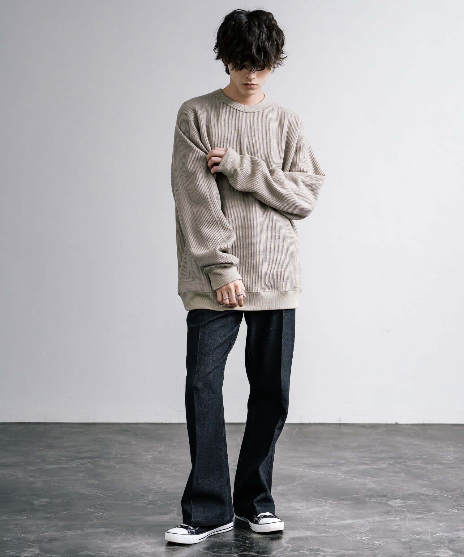 新色追加 Upscape Audience アップスケープオーディエンス 日本製 国産 ウールビックワッフルクルーネックニットソー AUD6570 14125