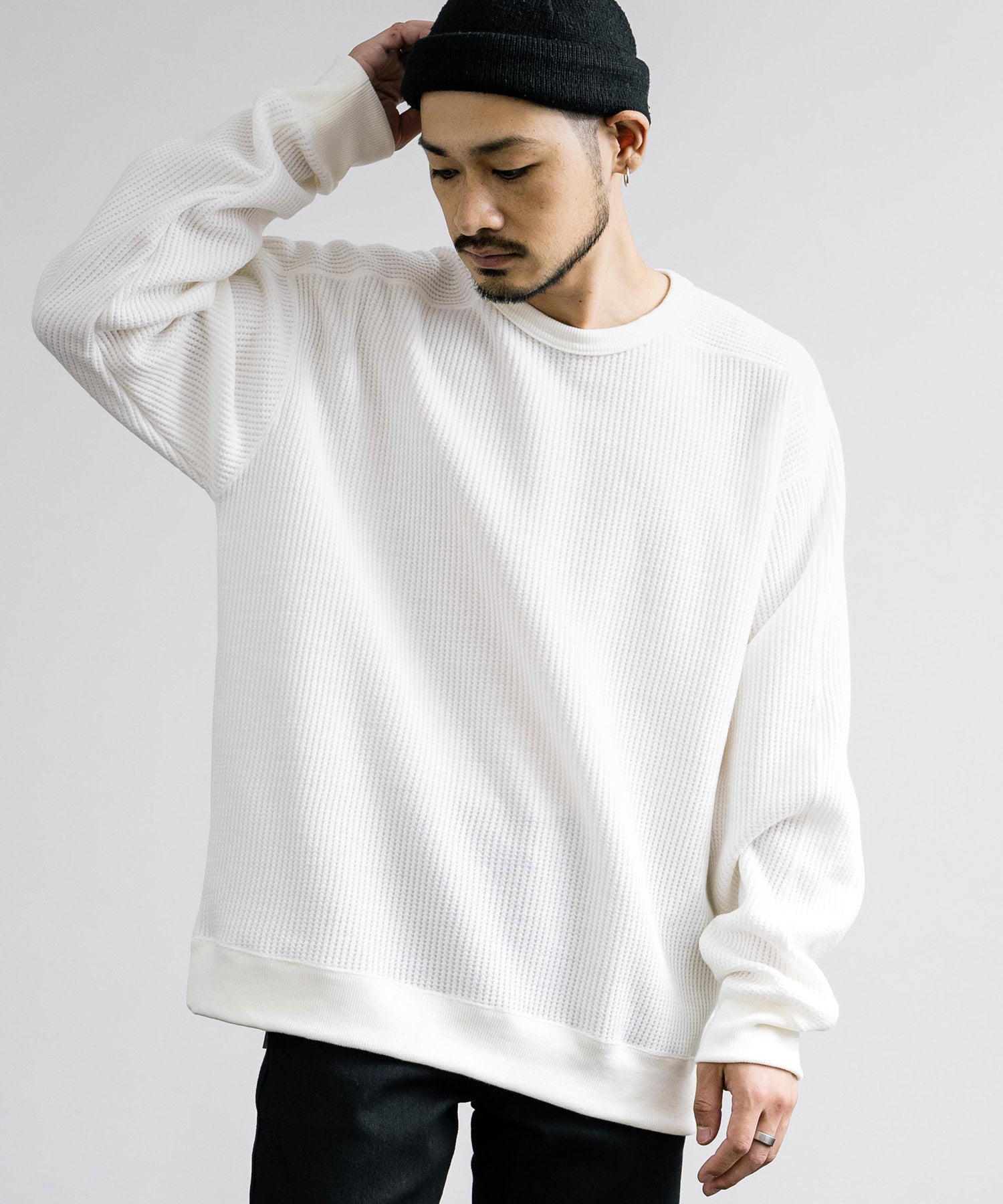 新色追加 Upscape Audience アップスケープオーディエンス 日本製 国産 ウールビックワッフルクルーネックニットソー AUD6570 14125