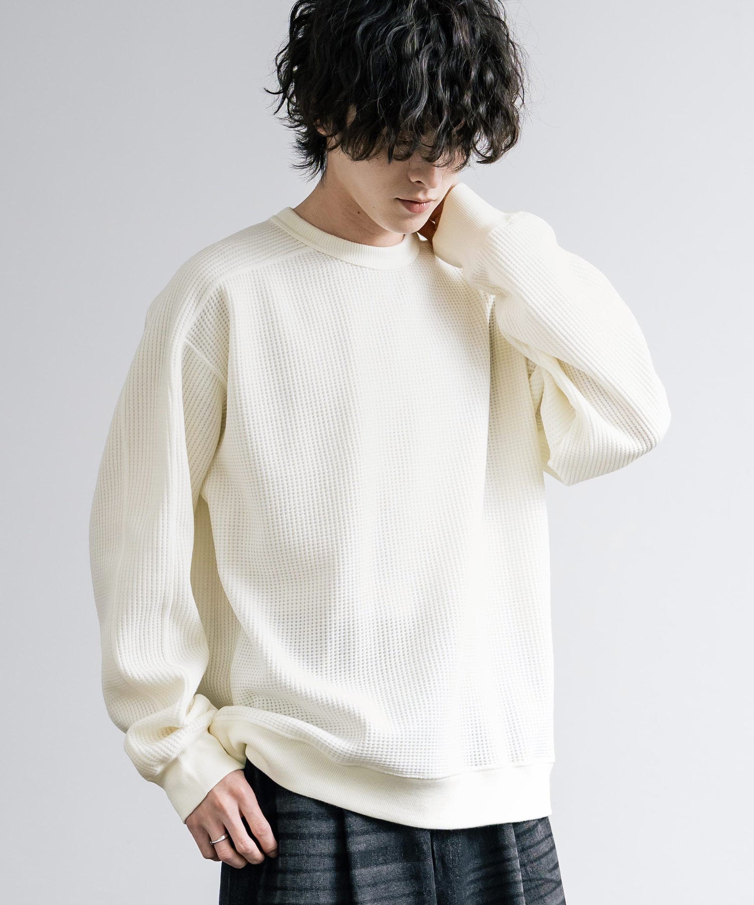 新色追加 Upscape Audience アップスケープオーディエンス 日本製 国産 ウールビックワッフルクルーネックニットソー AUD6570 14125