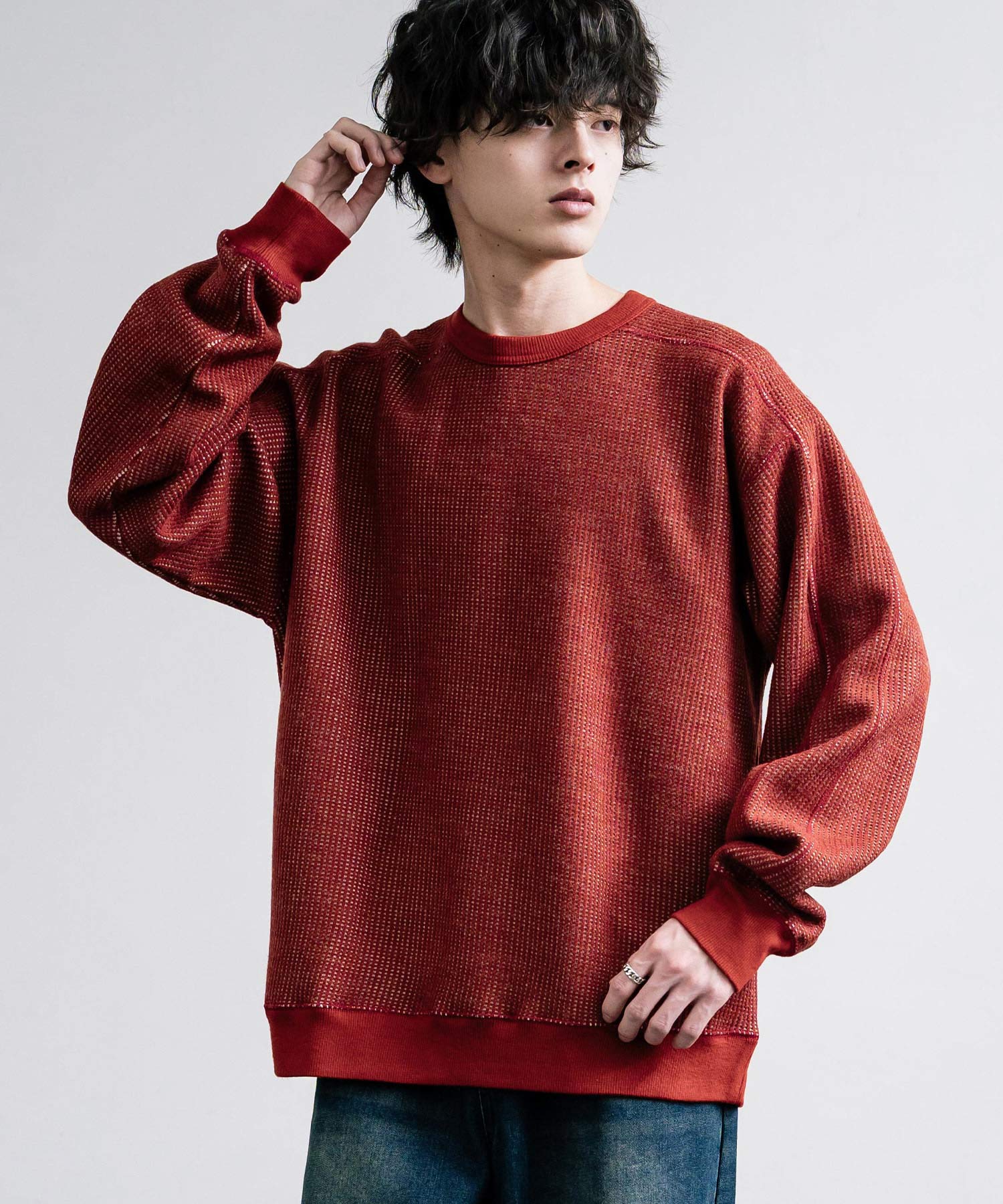 新色追加 Upscape Audience アップスケープオーディエンス 日本製 国産 ウールビックワッフルクルーネックニットソー AUD6570 14125
