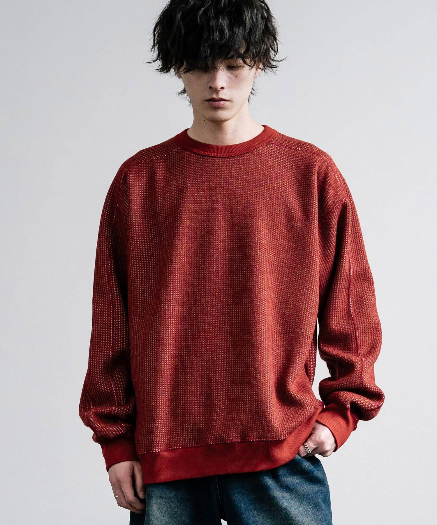 新色追加 Upscape Audience アップスケープオーディエンス 日本製 国産 ウールビックワッフルクルーネックニットソー AUD6570 14125
