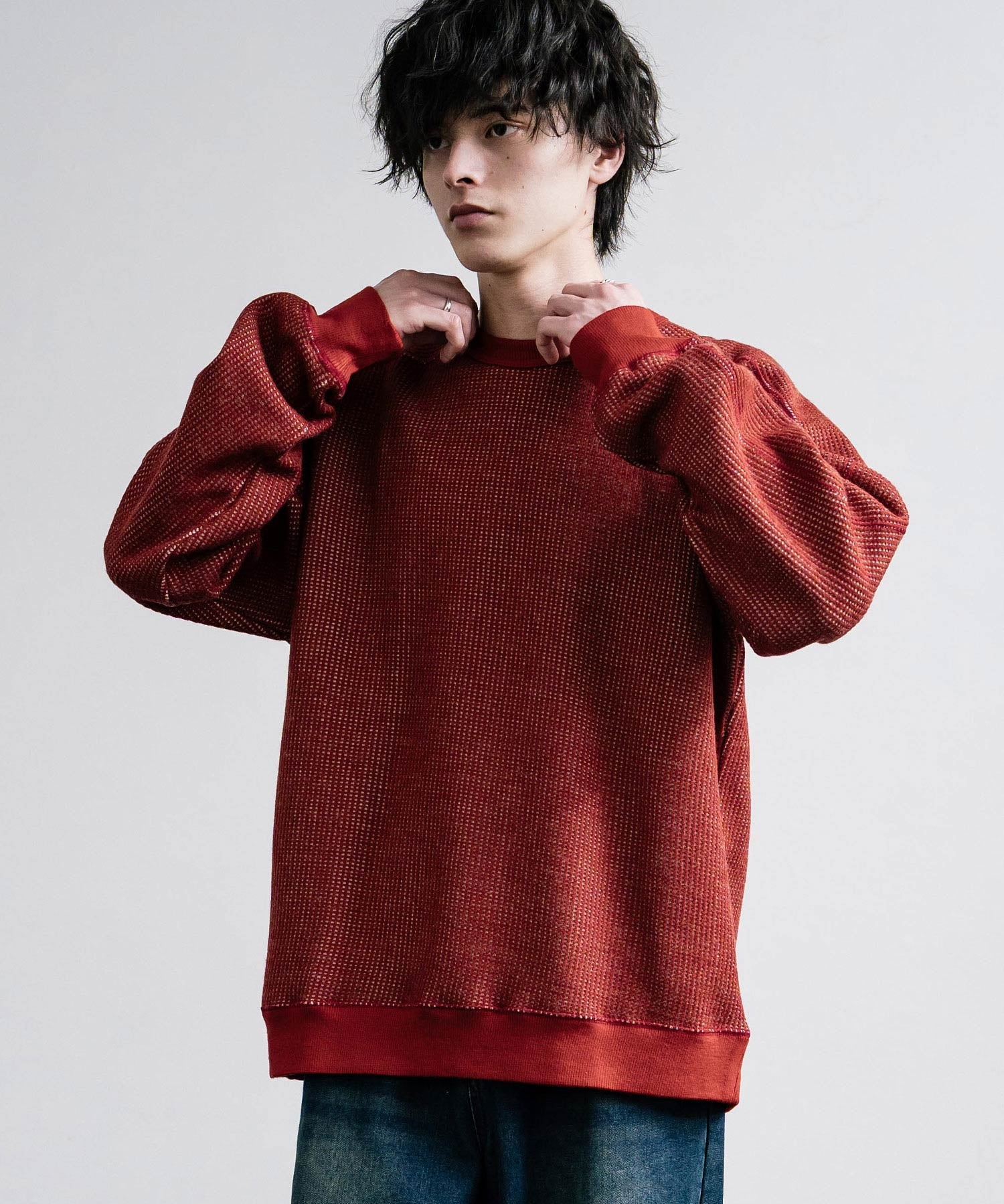 新色追加 Upscape Audience アップスケープオーディエンス 日本製 国産 ウールビックワッフルクルーネックニットソー AUD6570 14125