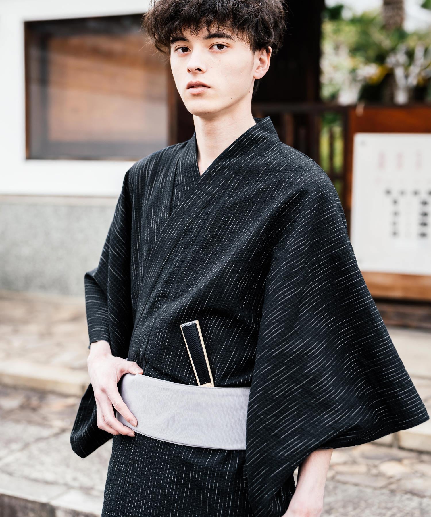 しじら織り帯付き浴衣 扇子 下駄 巾着 5点セット　無地/ストライプ 14155