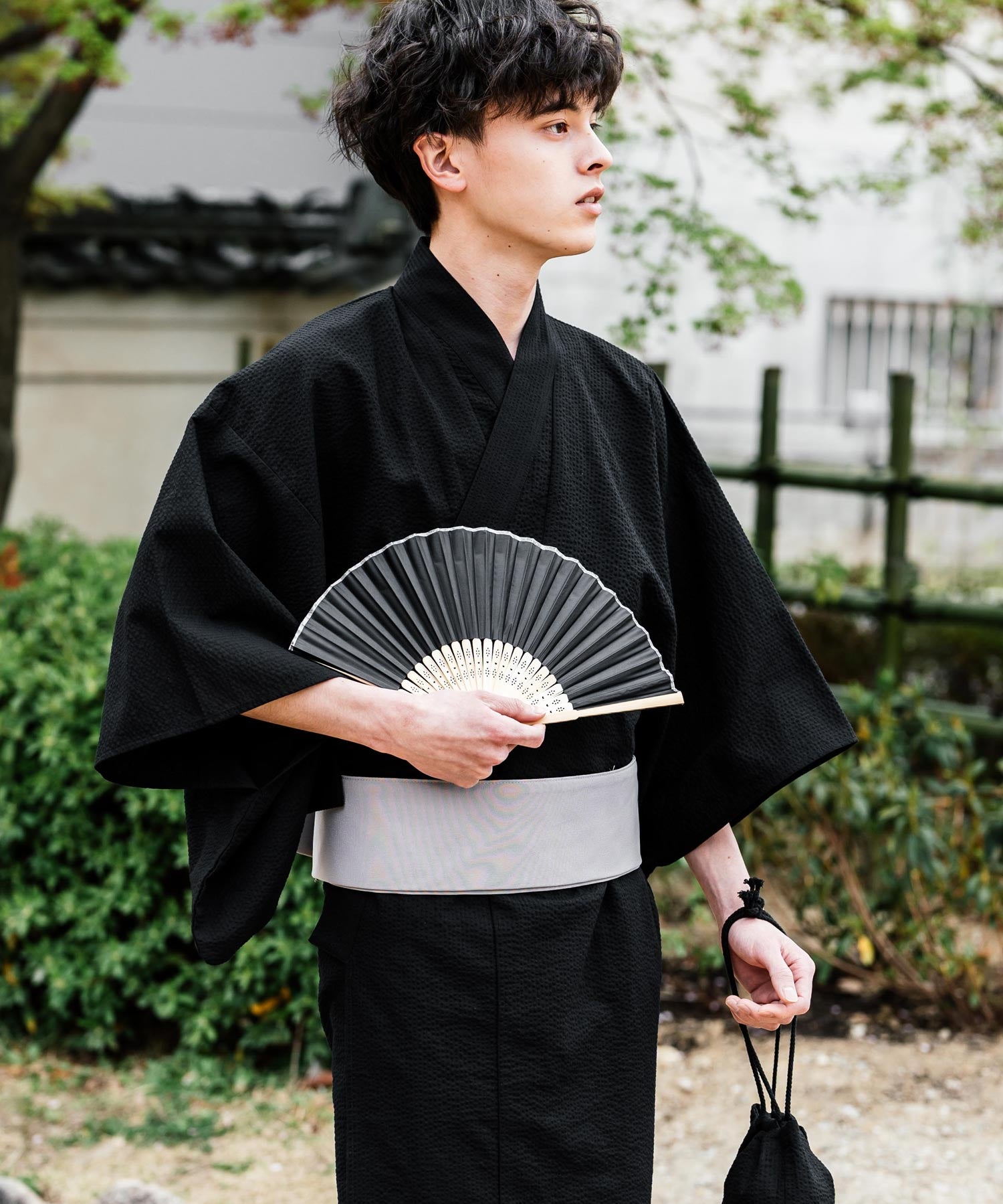 しじら織り帯付き浴衣 扇子 下駄 巾着 5点セット　無地/ストライプ 14155
