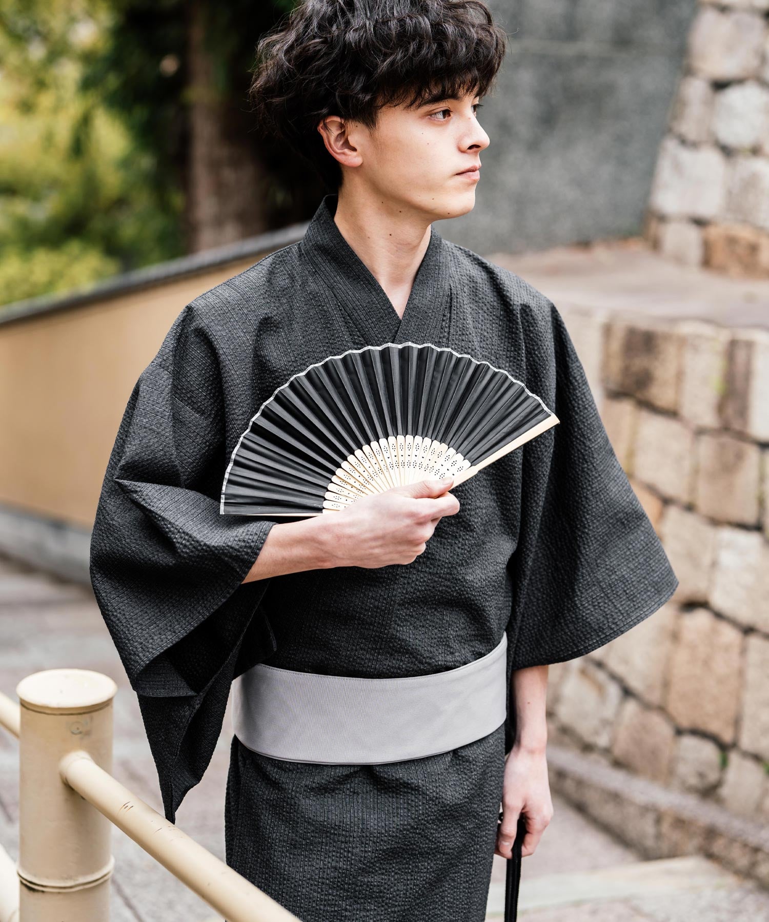 しじら織り帯付き浴衣 扇子 下駄 巾着 5点セット　無地/ストライプ 14155