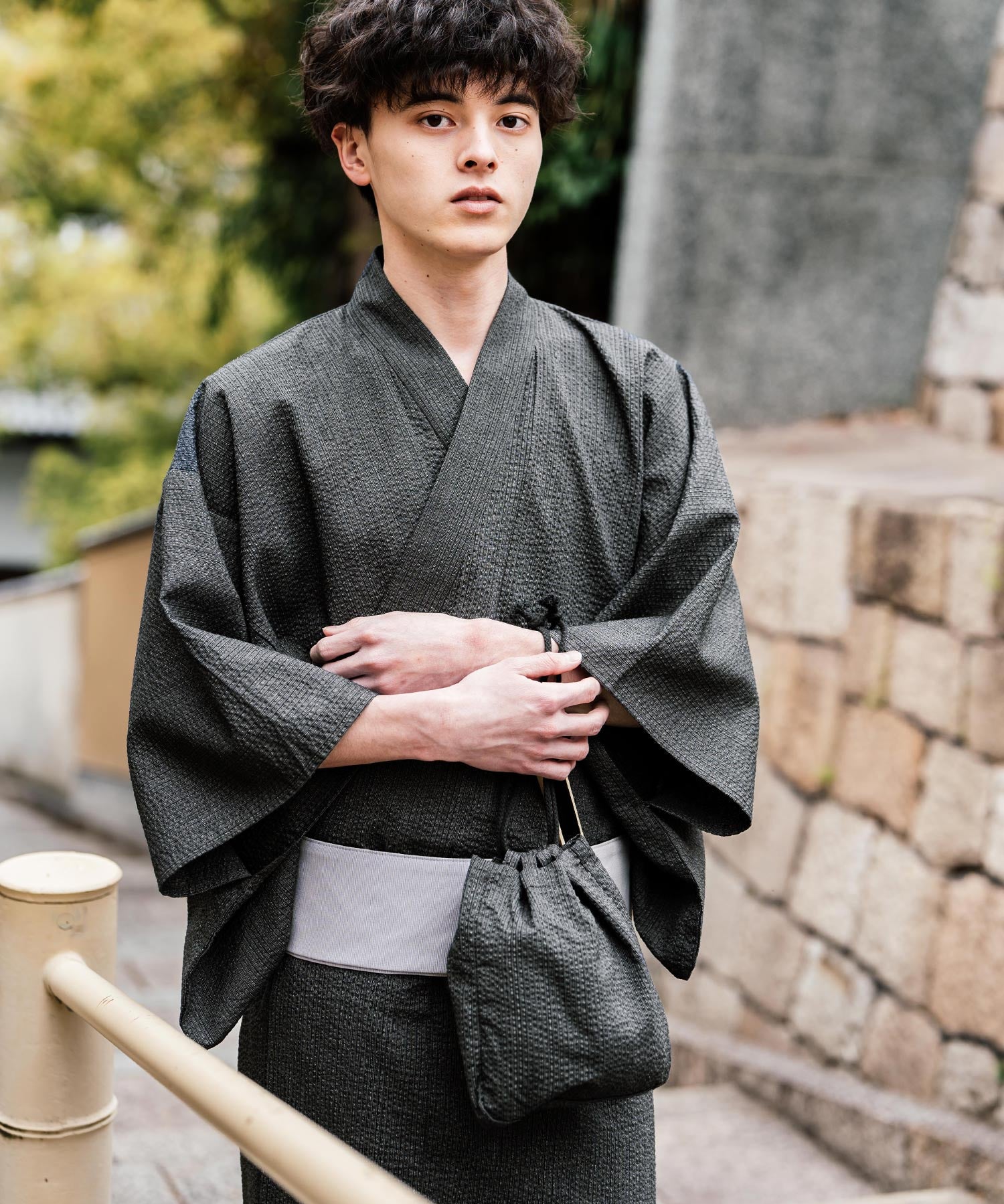 しじら織り帯付き浴衣 扇子 下駄 巾着 5点セット　無地/ストライプ 14155