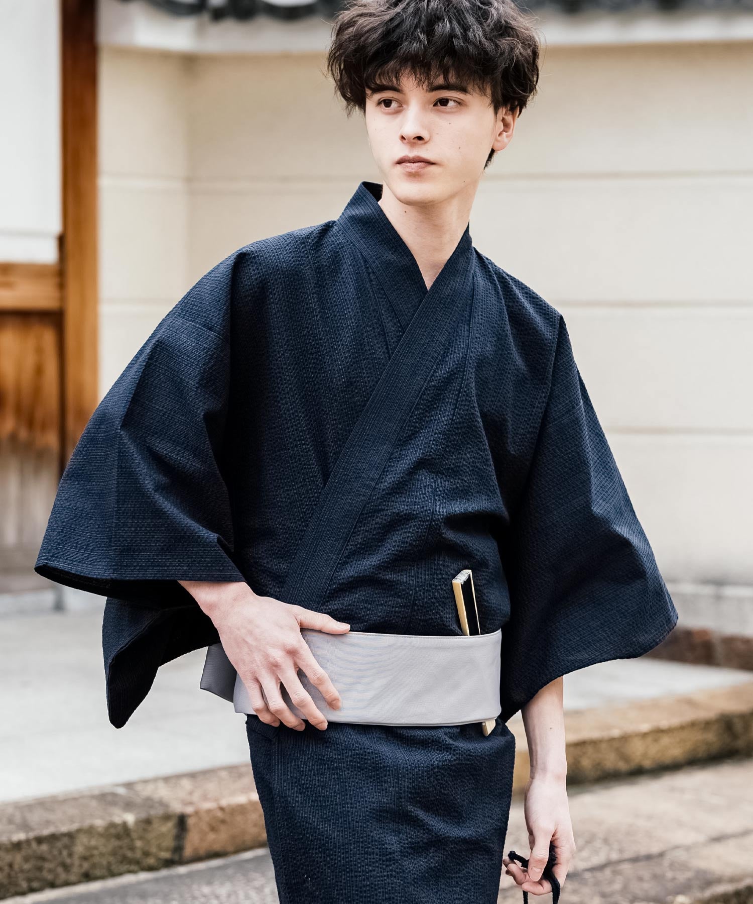 しじら織り帯付き浴衣 扇子 下駄 巾着 5点セット　無地/ストライプ 14155