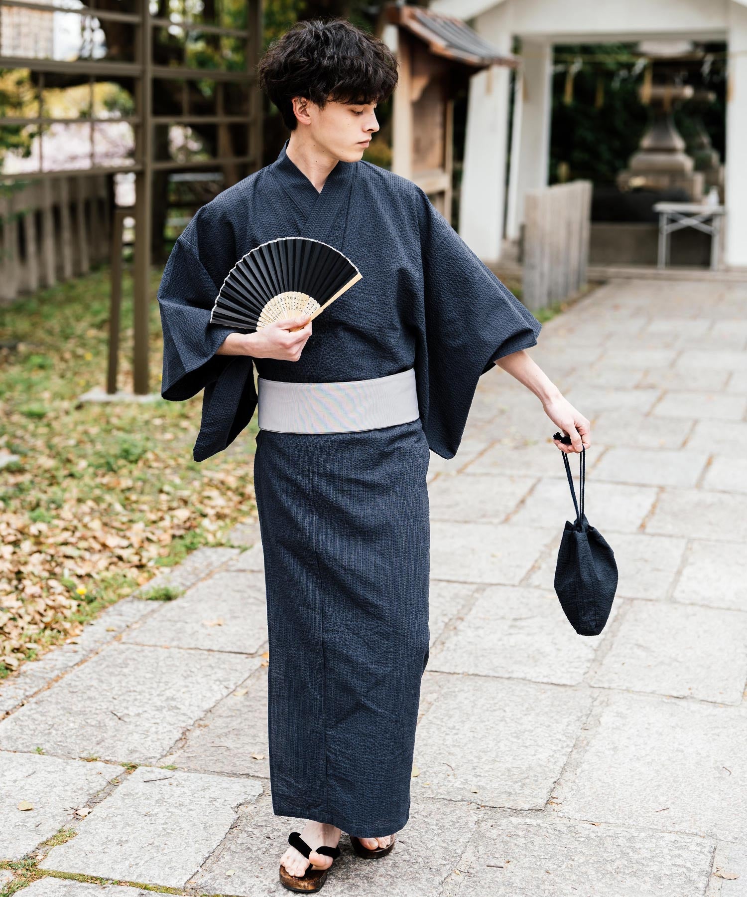 しじら織り帯付き浴衣 扇子 下駄 巾着 5点セット　無地/ストライプ 14155