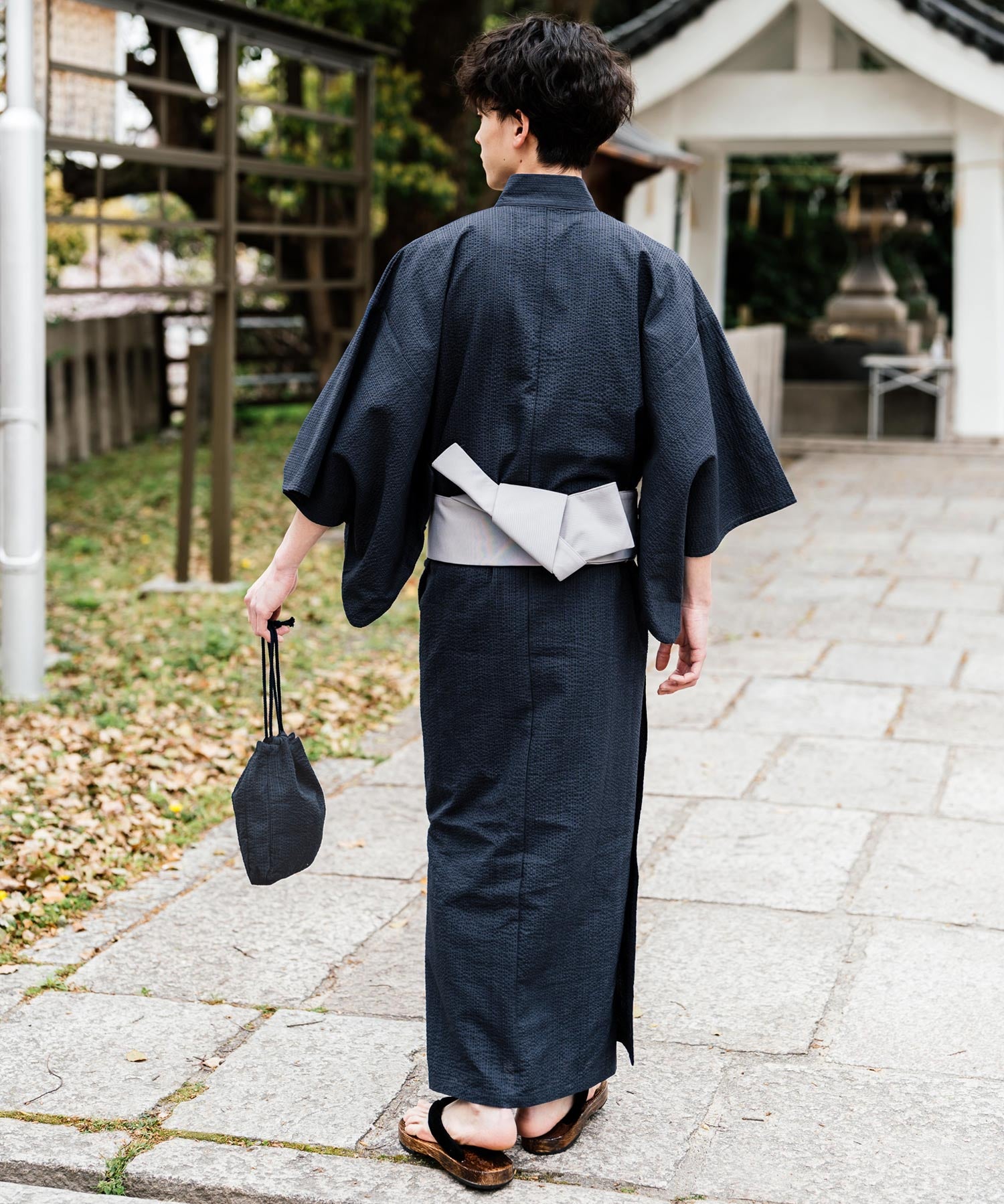 しじら織り帯付き浴衣 扇子 下駄 巾着 5点セット　無地/ストライプ 14155