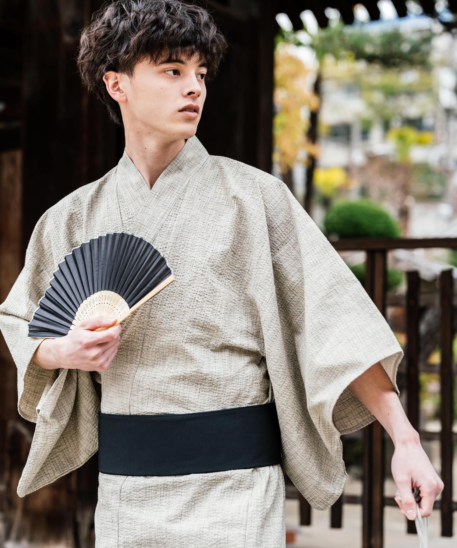 しじら織り帯付き浴衣 扇子 下駄 巾着 5点セット　無地/ストライプ 14155