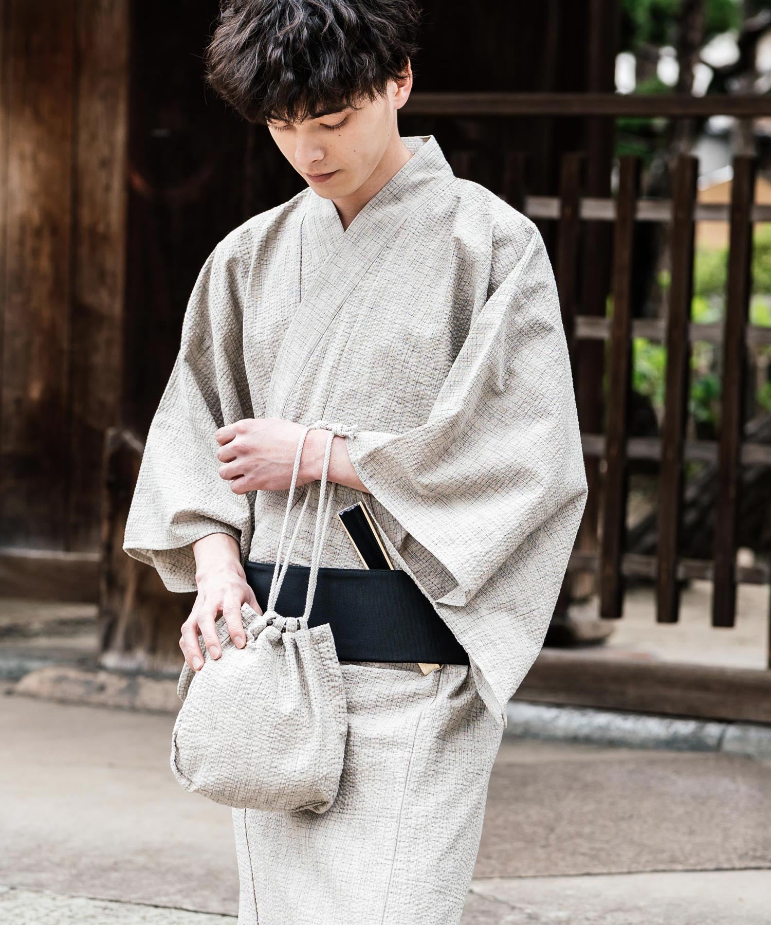 しじら織り帯付き浴衣 扇子 下駄 巾着 5点セット　無地/ストライプ 14155