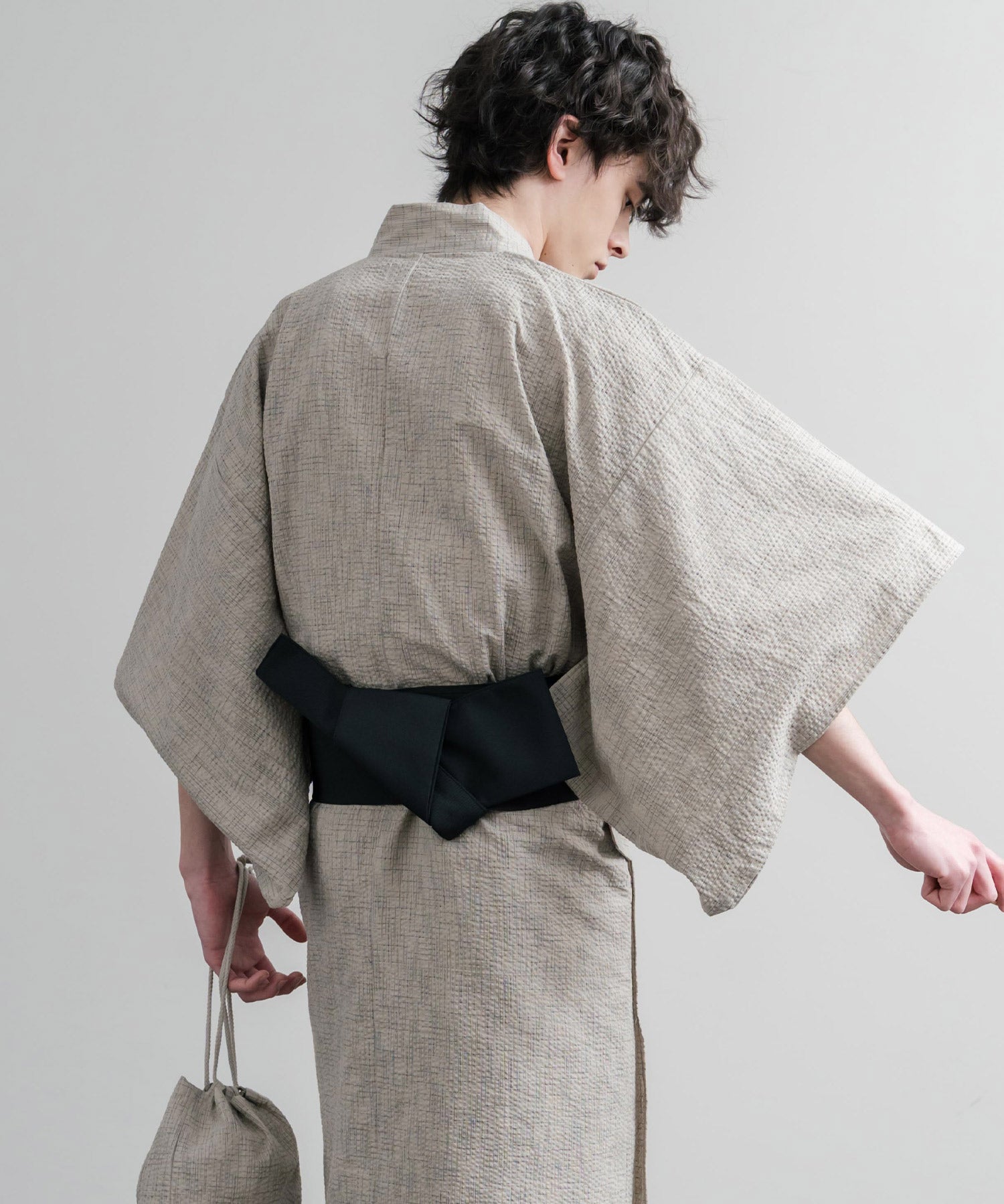 しじら織り帯付き浴衣 扇子 下駄 巾着 5点セット　無地/ストライプ 14155