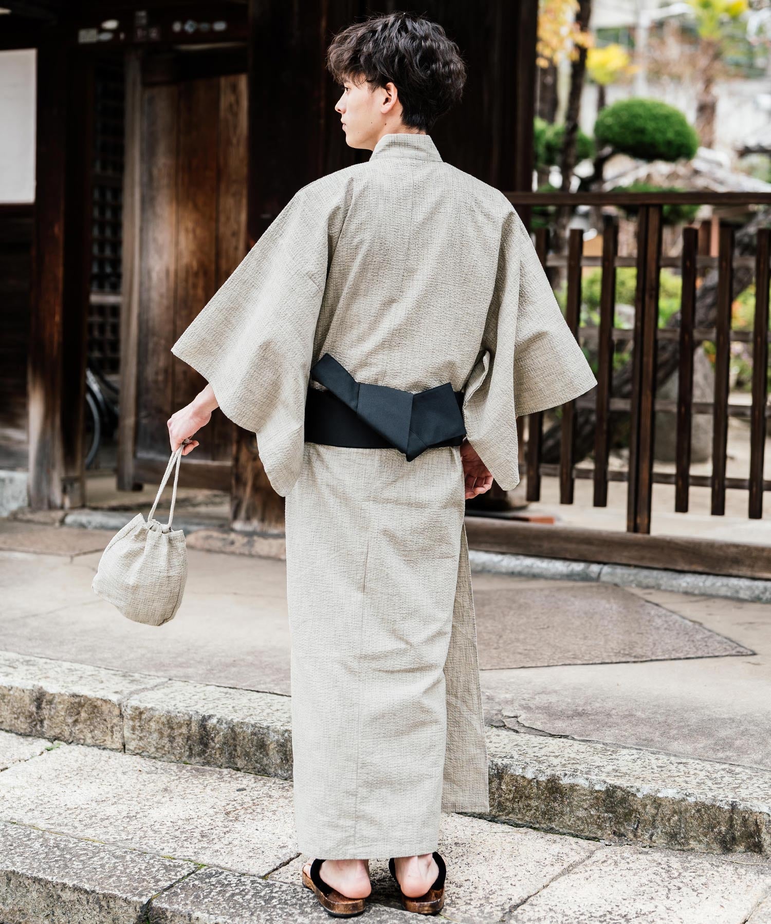 しじら織り帯付き浴衣 扇子 下駄 巾着 5点セット　無地/ストライプ 14155