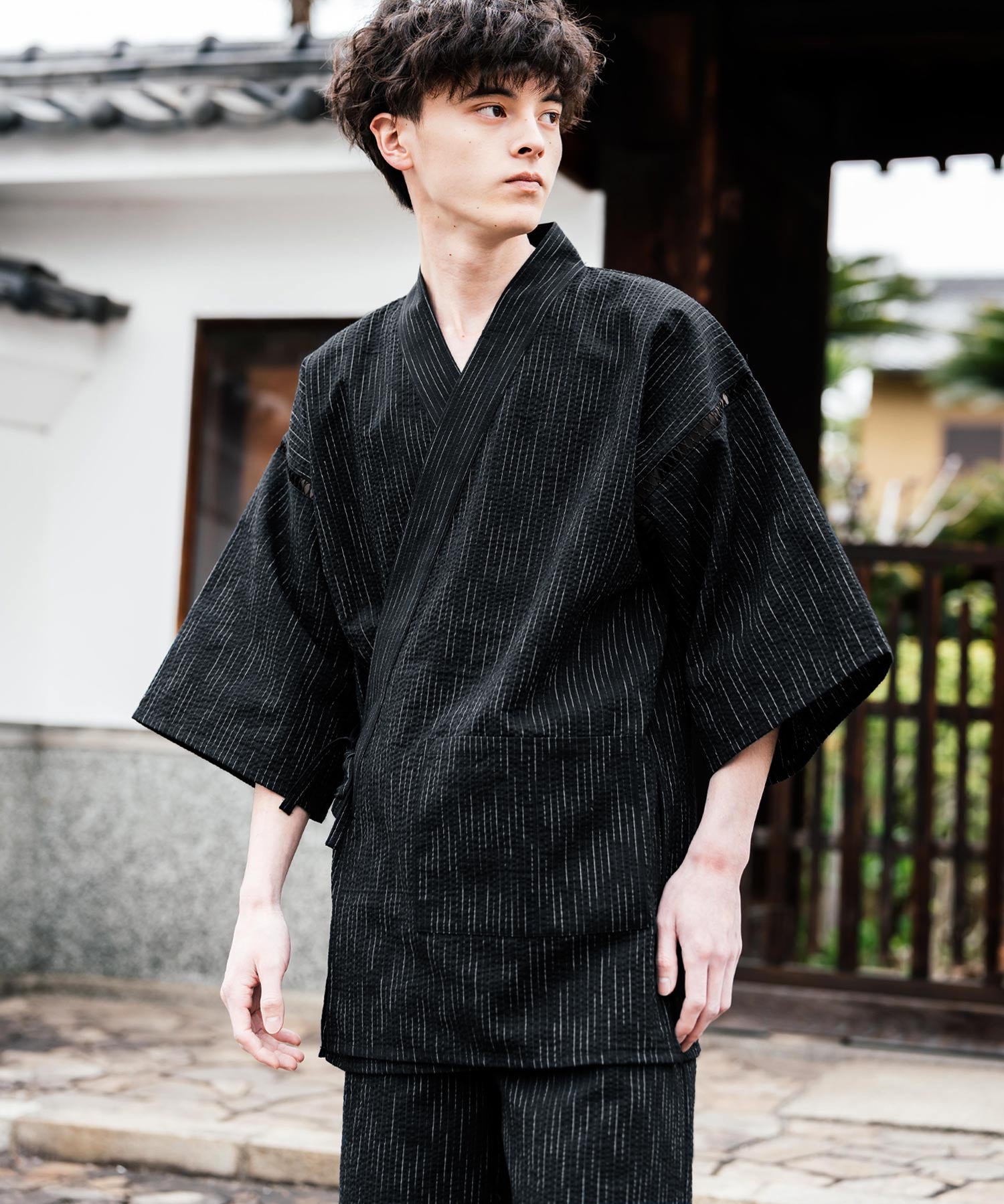 しじら織り甚平 上下セット 無地/ストライプ 14156