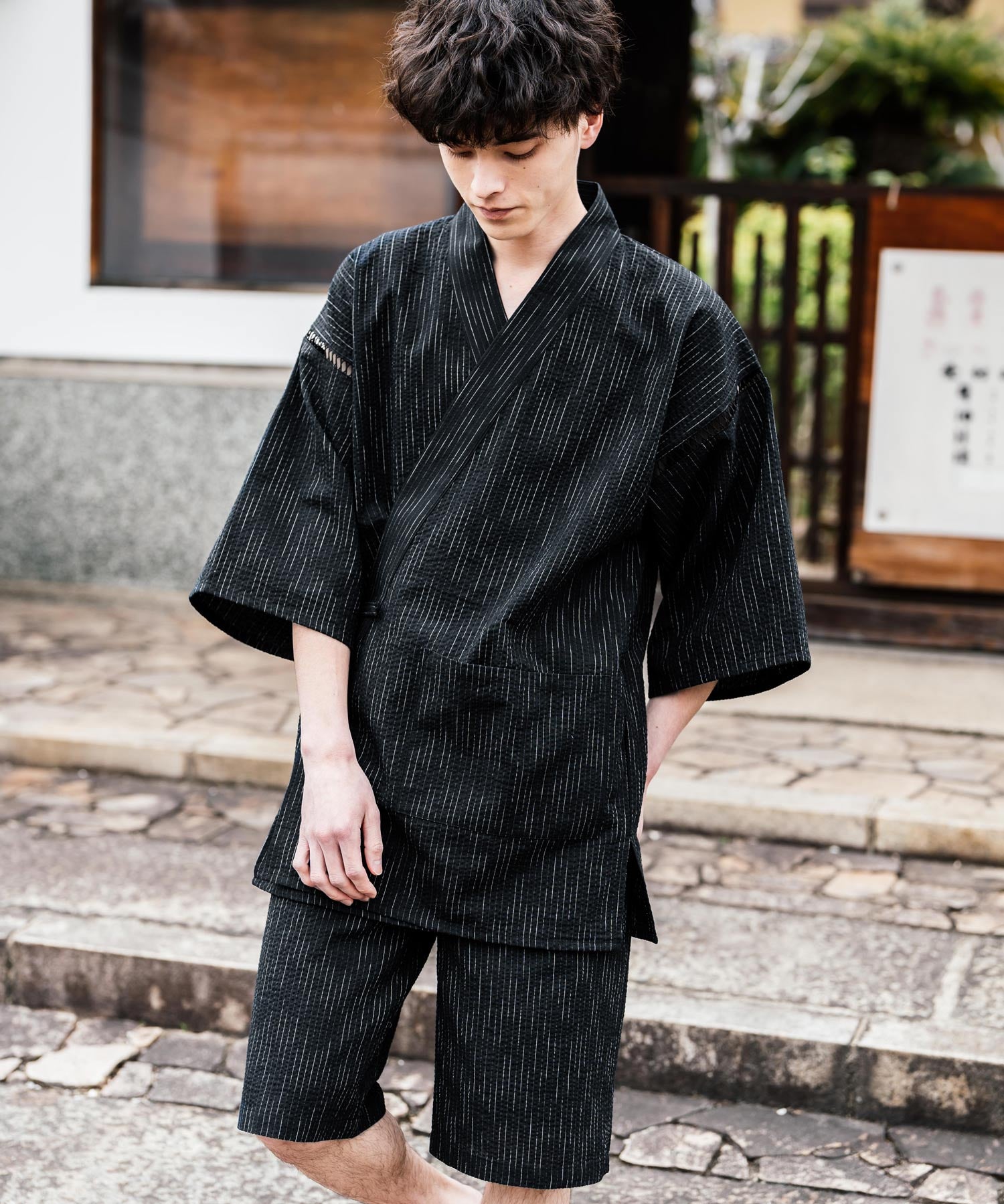 しじら織り甚平 上下セット 無地/ストライプ 14156