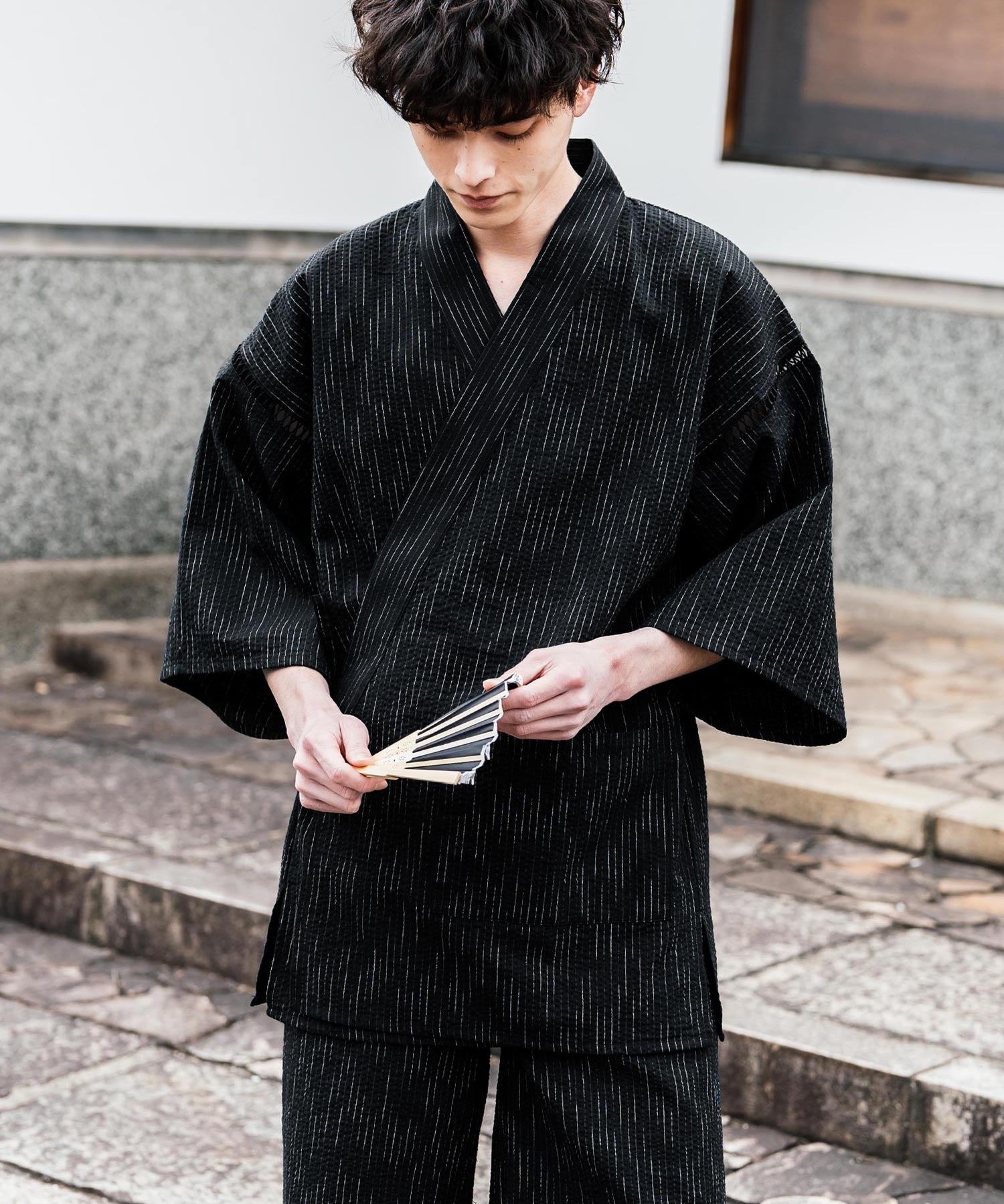 しじら織り甚平 上下セット 無地/ストライプ 14156