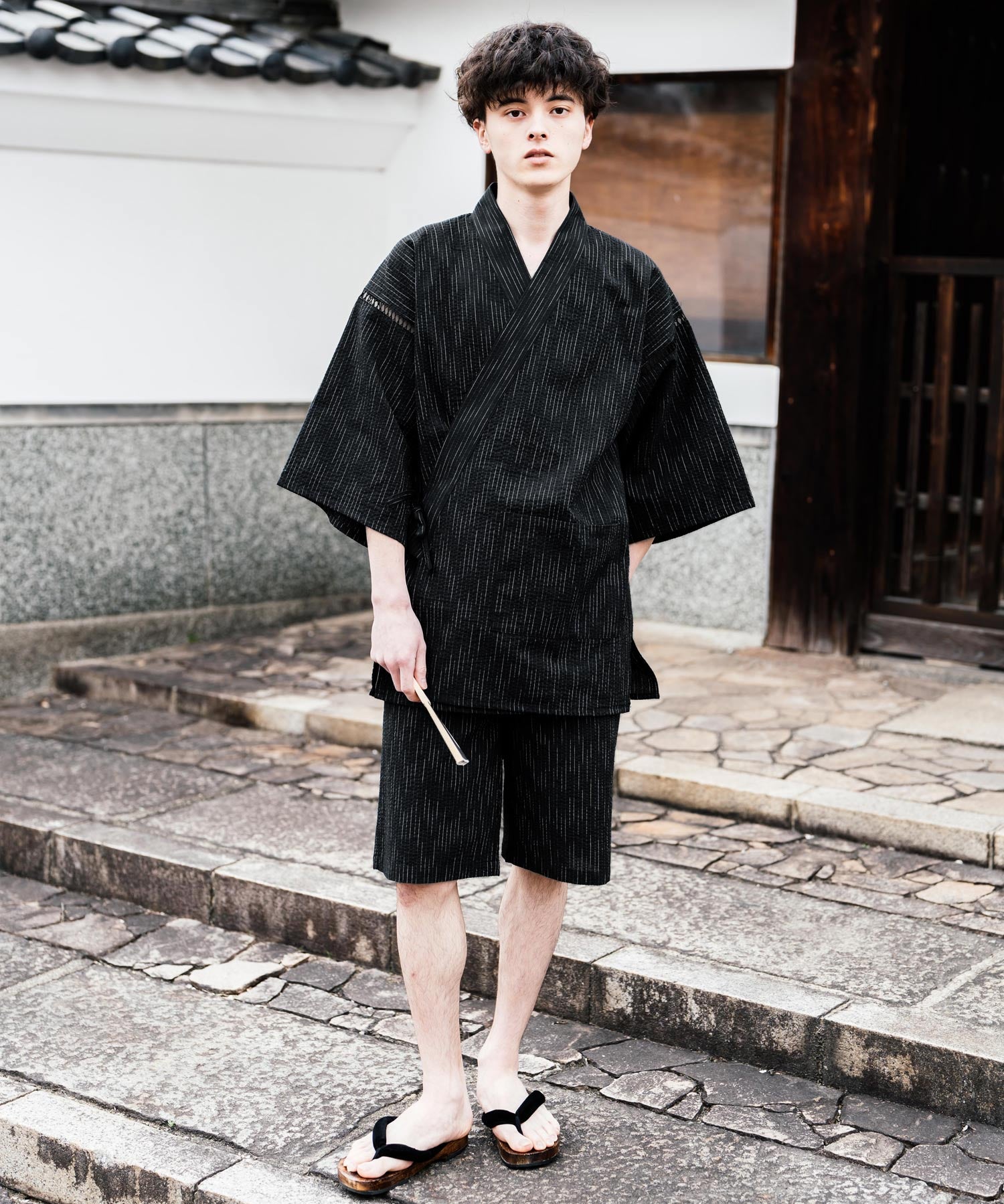 しじら織り甚平 上下セット 無地/ストライプ 14156