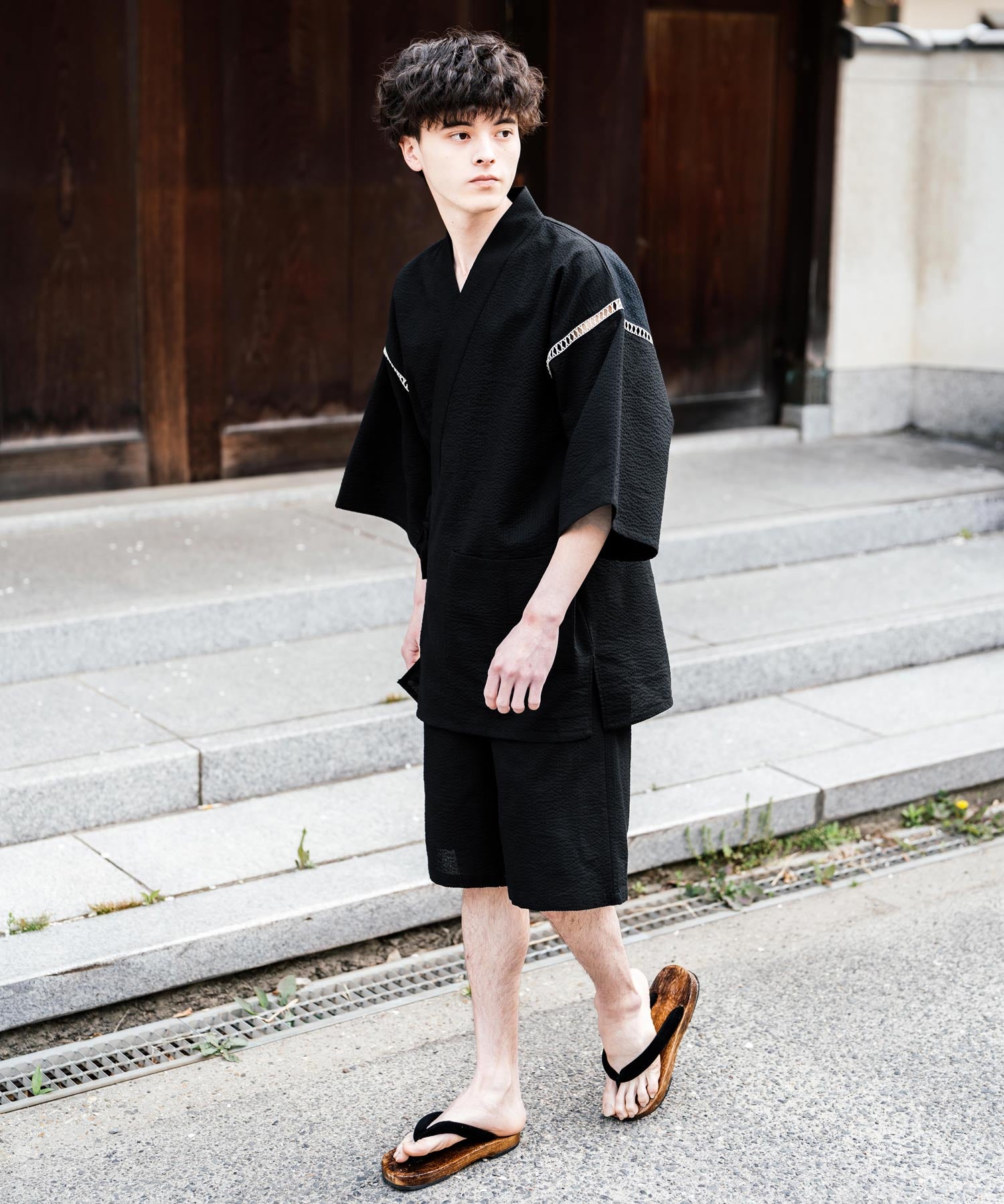 しじら織り甚平 上下セット 無地/ストライプ 14156