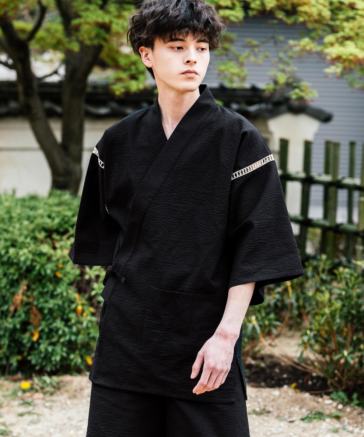 しじら織り甚平 上下セット 無地/ストライプ 14156