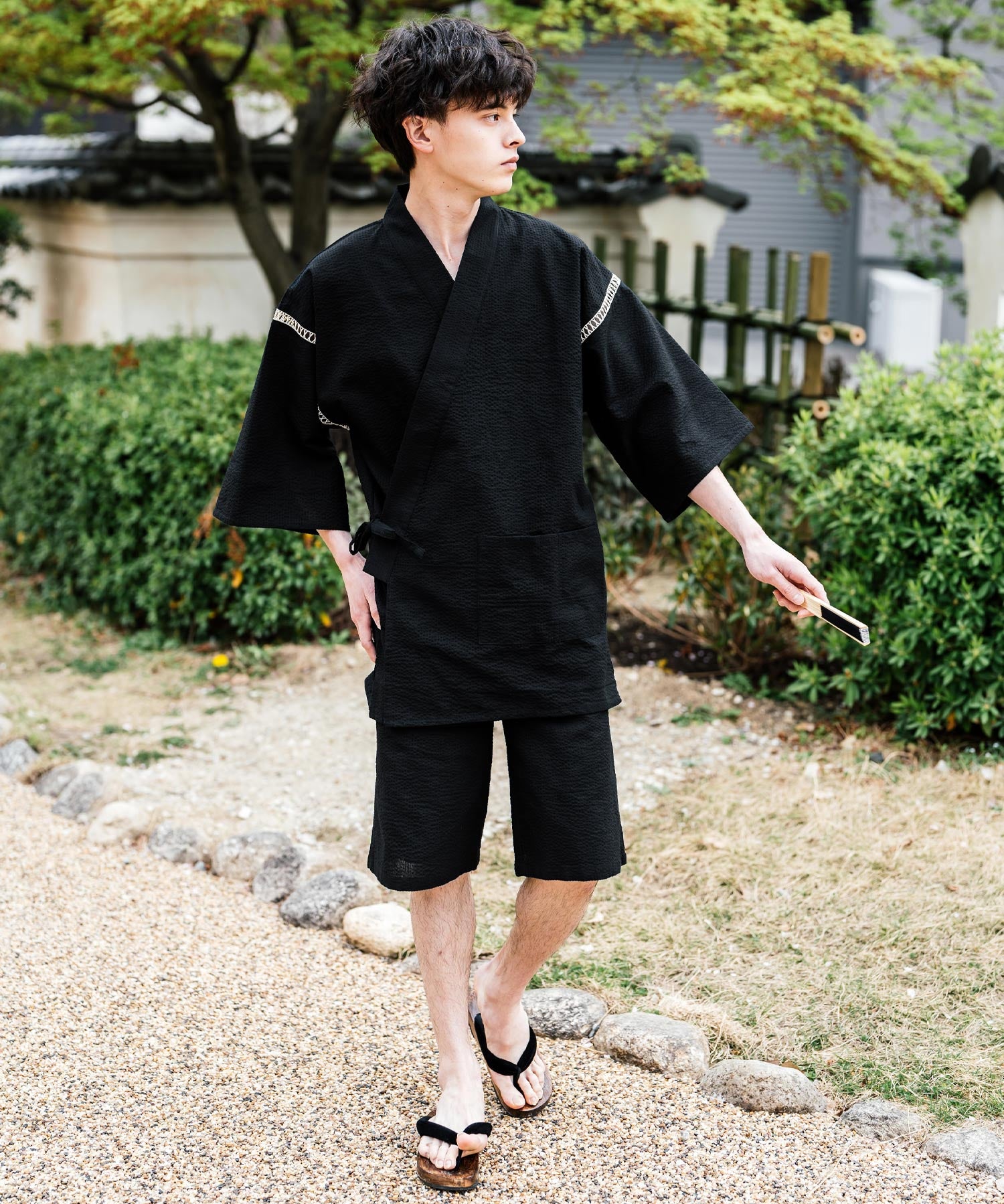 しじら織り甚平 上下セット 無地/ストライプ 14156