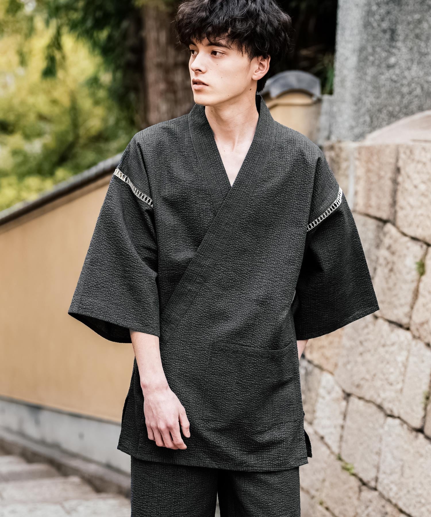 しじら織り甚平 上下セット 無地/ストライプ 14156