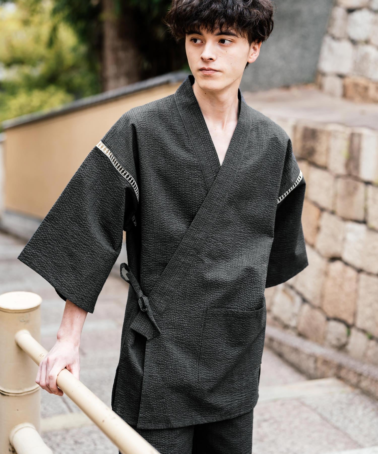 しじら織り甚平 上下セット 無地/ストライプ 14156